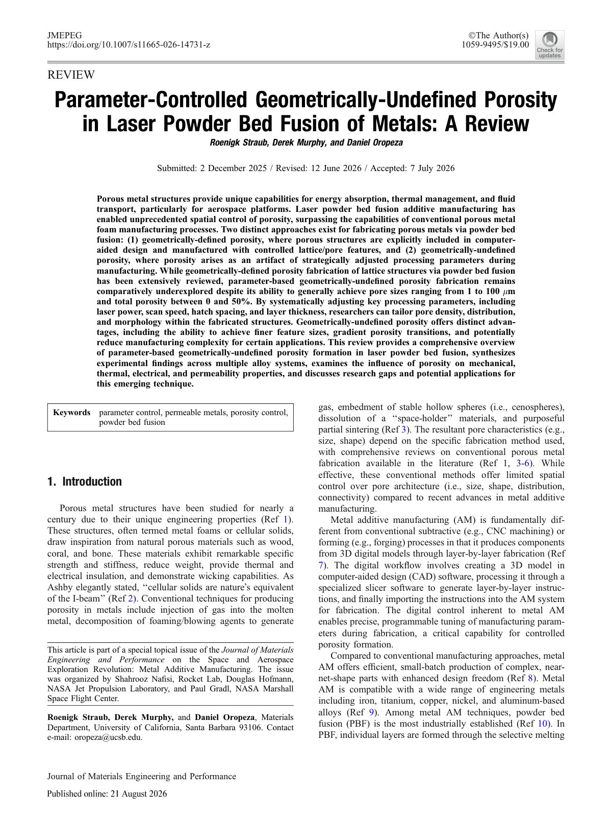 First page of 2026 Straub LPBF Porosity Control Review