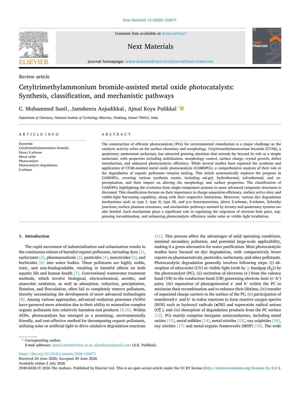 First page of Cetyltrimethylammonium bromide assisted metal oxide photocataly 2026 Next Ma