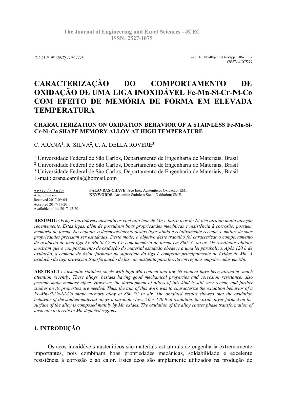 First page of CARACTERIZAÇÃO DO COMPORTAMENTO DE OXIDAÇÃO DE UMA LIGA INOXIDÁVEL Fe-Mn-Si-Cr-Ni-Co COM EFEITO DE MEMÓRIA DE FORMA EM ELEVADA TEMPERATURA