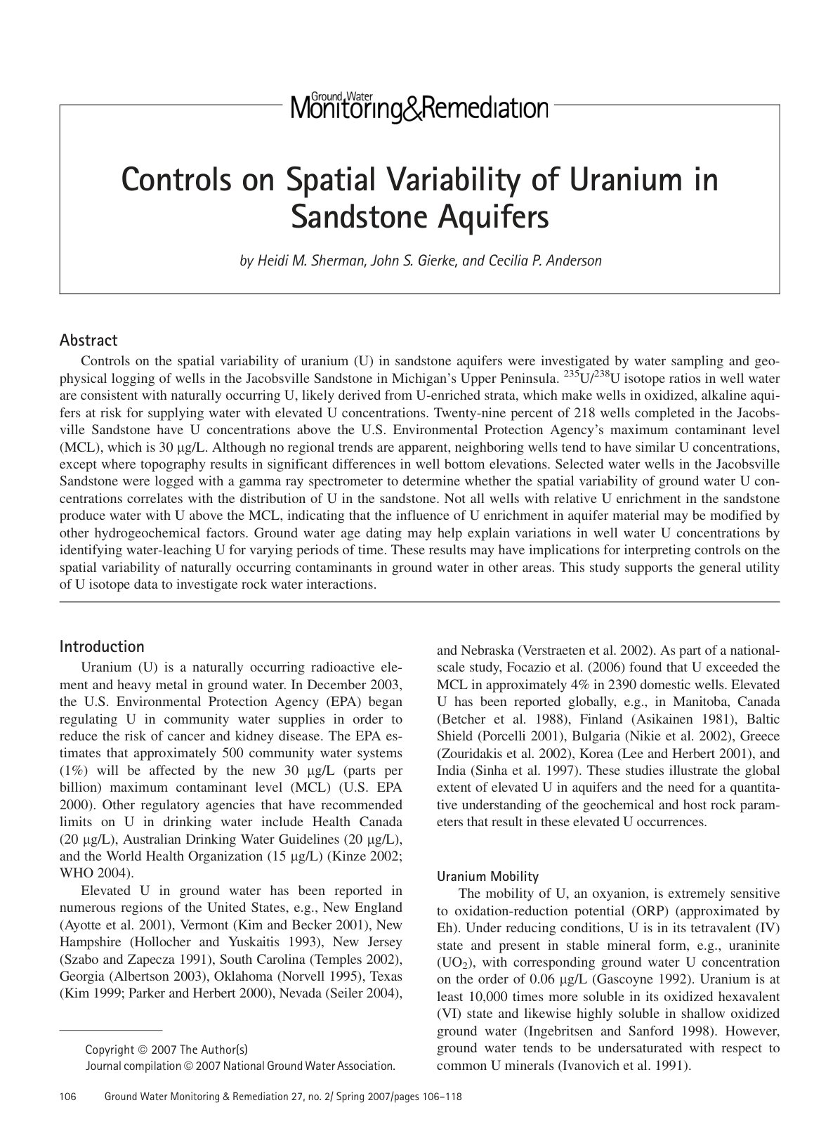First page of Controls on Spatial Variability of Uranium in Sandstone Aquifers
