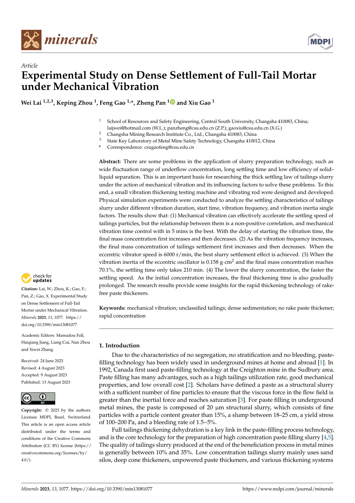First page of Experimental Study on Dense Settlement of Full-Tail Mortar under Mechanical Vibration