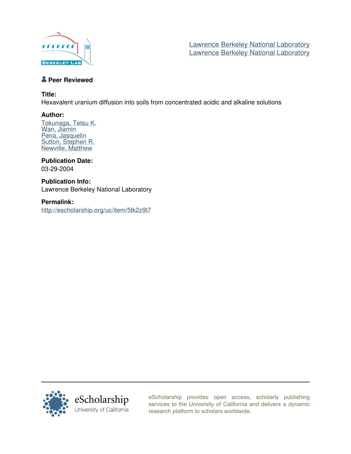 First page of Hexavalent uranium diffusion into soils from concentrated acidic and alkaline solutions