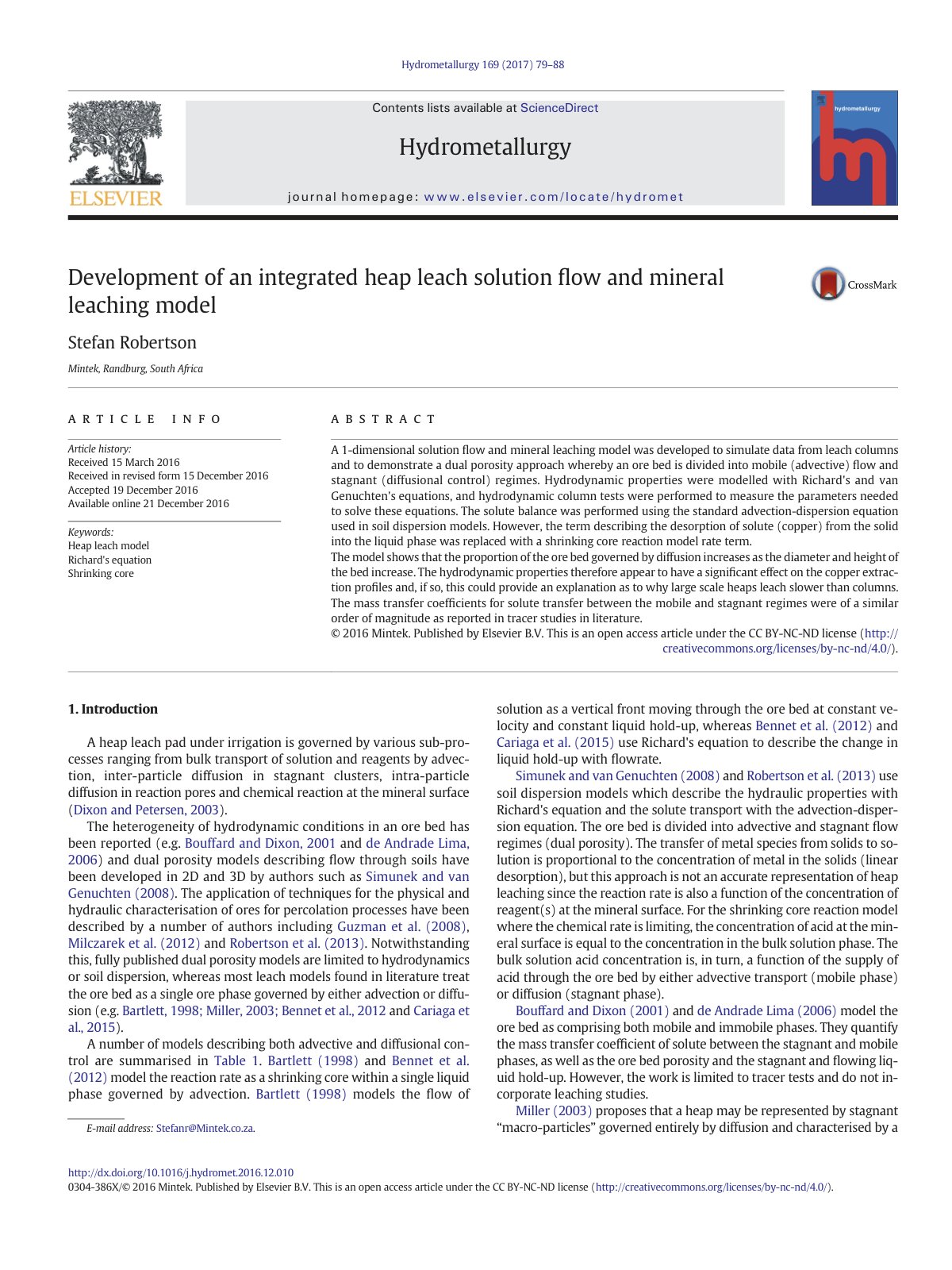 First page of Development of an integrated heap leach