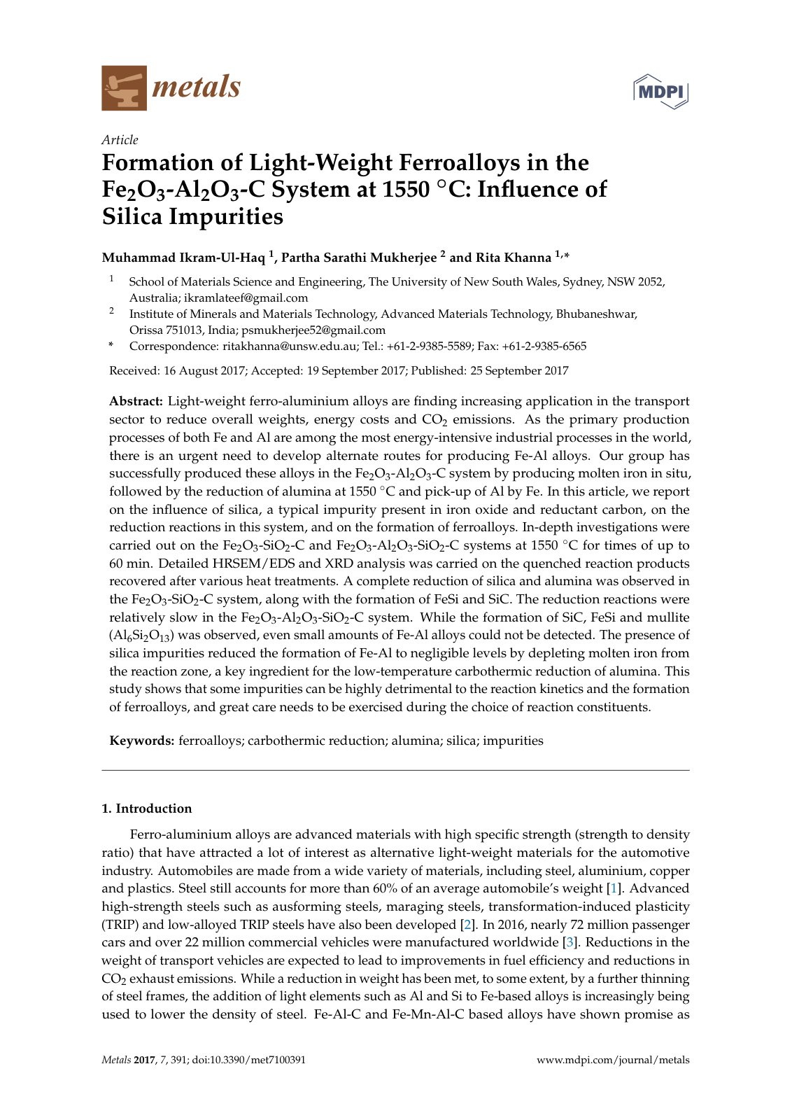 First page of Formation of Light-W eight Ferroalloys in the Fe2O3-Al2O3-C System at 1550 ◦C: Inﬂuence of Silica Impurities