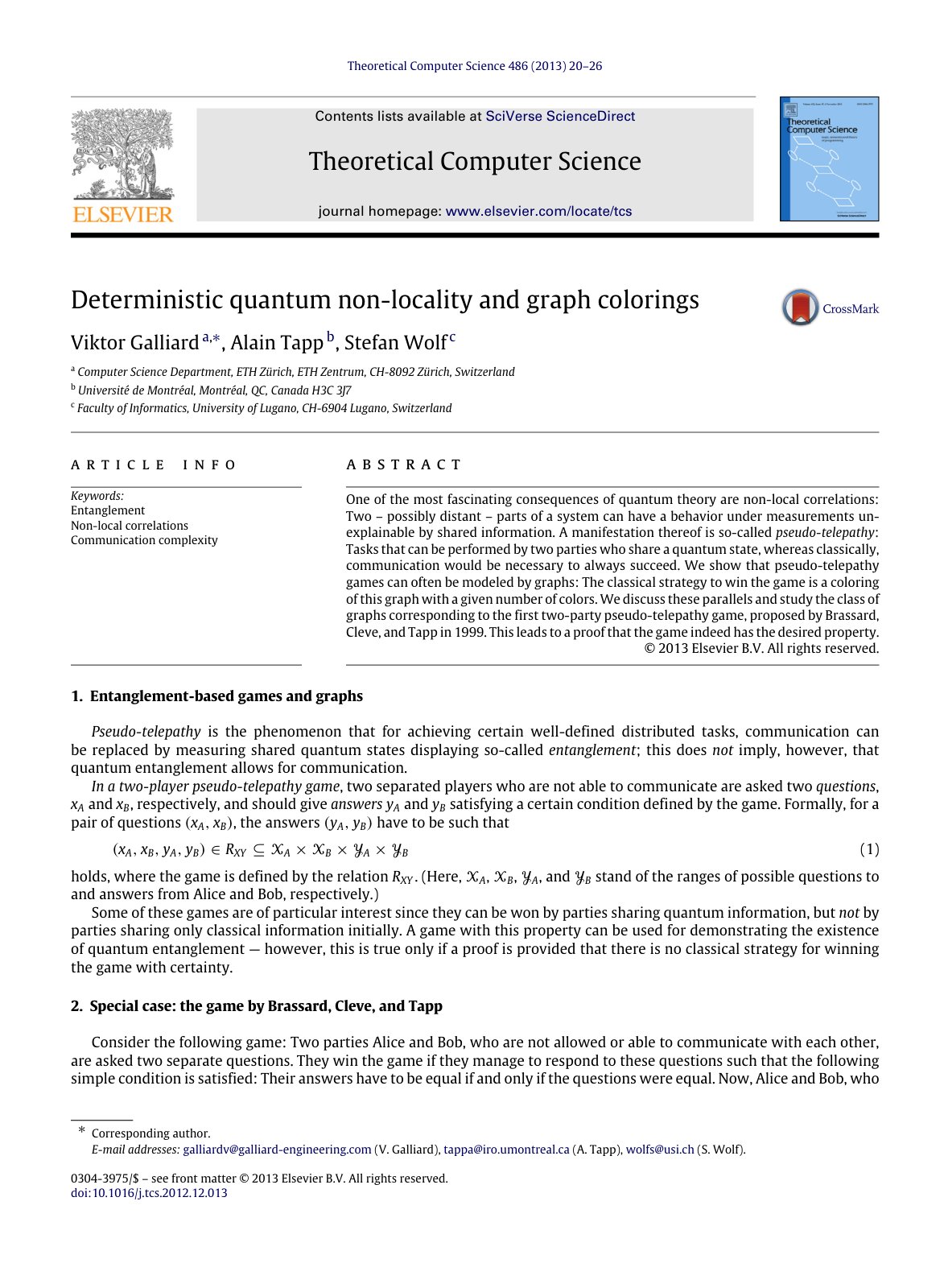 First page of Deterministic quantum non-locality and graph colorings