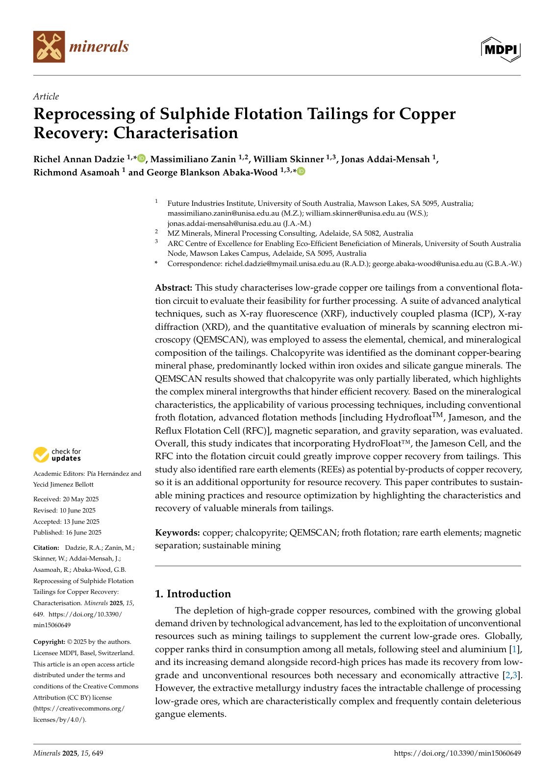 First page of Reprocessing of Sulphide Flotation Tailings for Copper Recovery: Characterisation