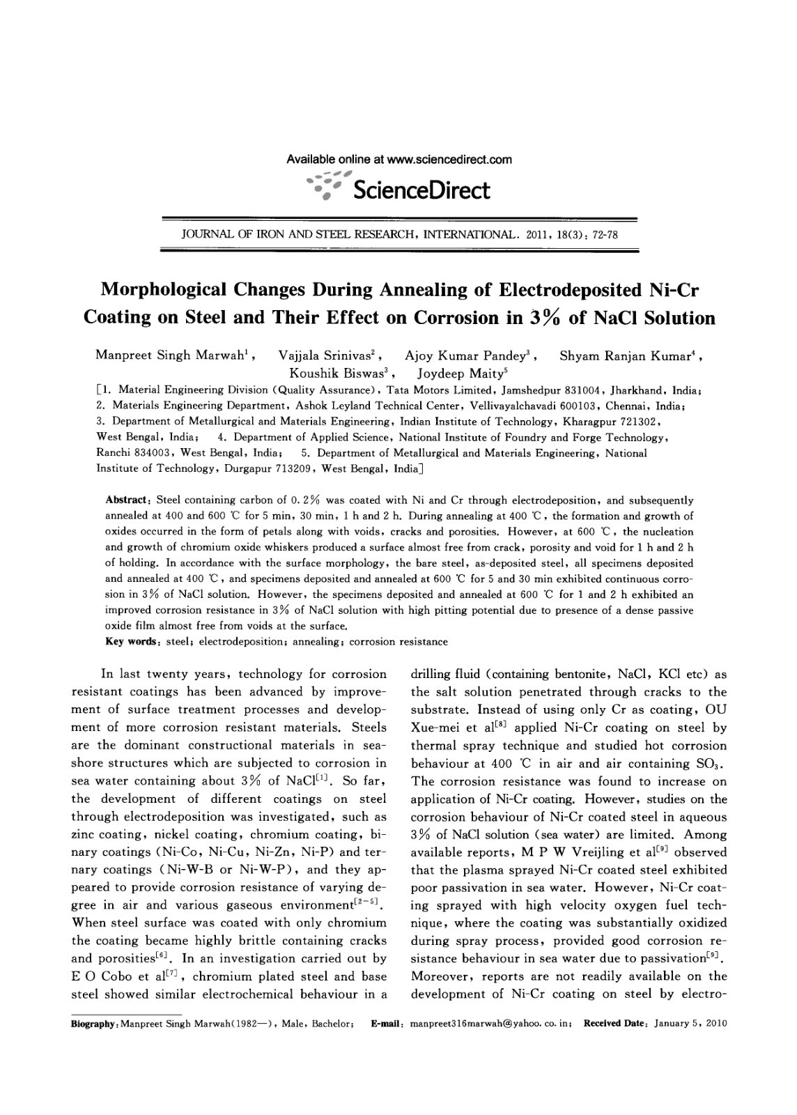 First page of Morphological Changes During Annealing of Electrodeposited Ni-Cr Coating on Steel and Their Effect on Corrosion in 3% of NaCl Solution