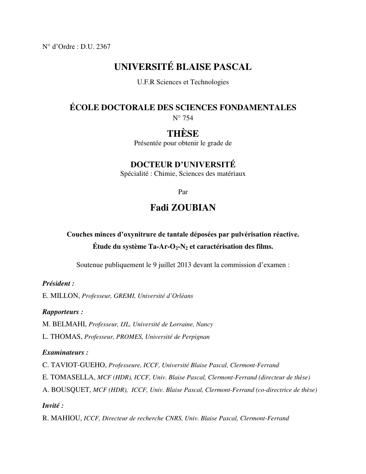 First page of Couches minces doxynitrure de tantale de