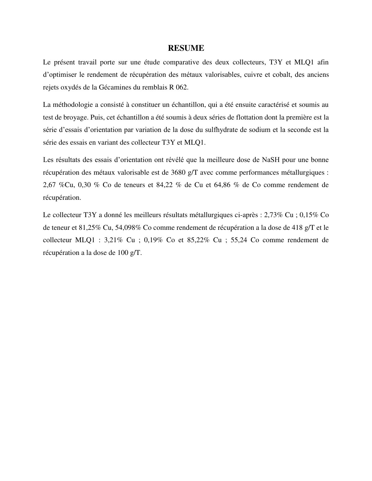 First page of Étude comparative des collecteurs T3Y et MLQ1 pour l'optimisation de la récupération des métaux valorisables