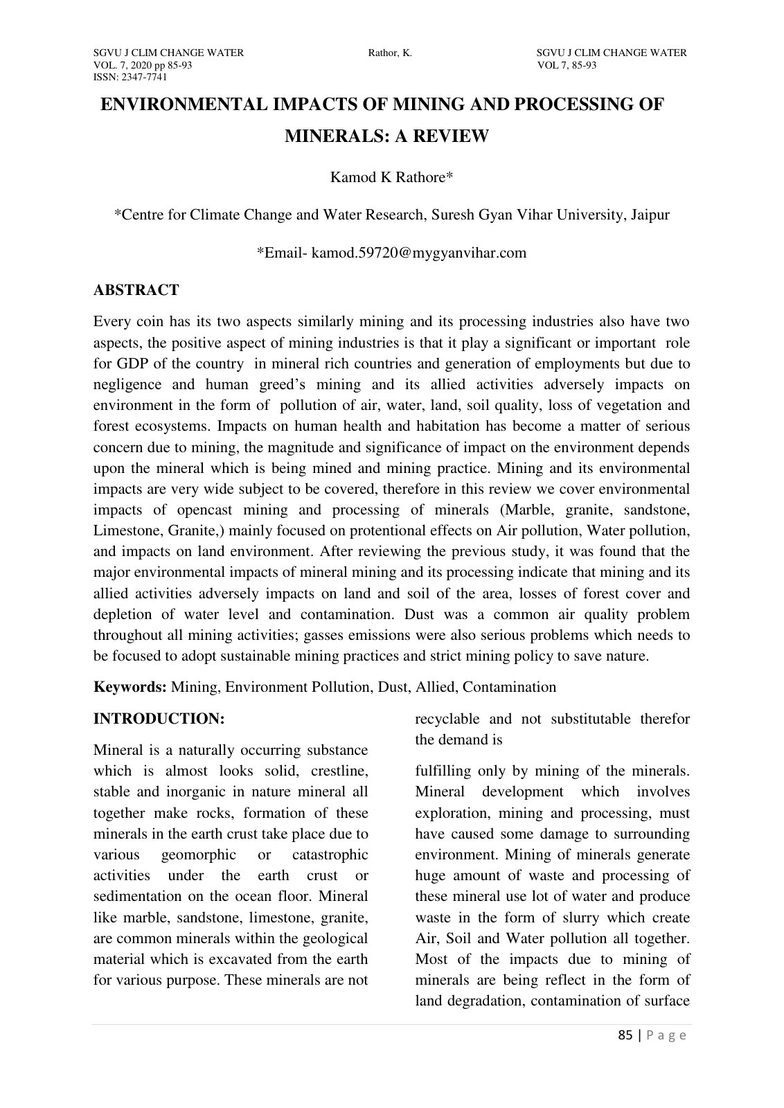 First page of Environmental Impacts of Mining and Processing of Minerals: A Review