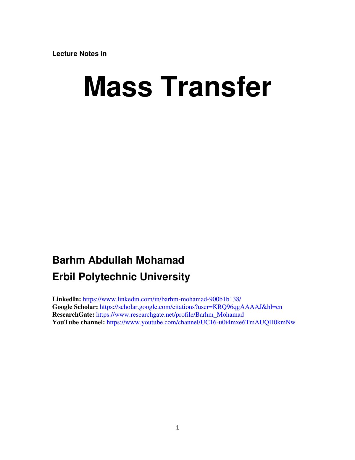First page of Lecture Notes in Mass Transfer