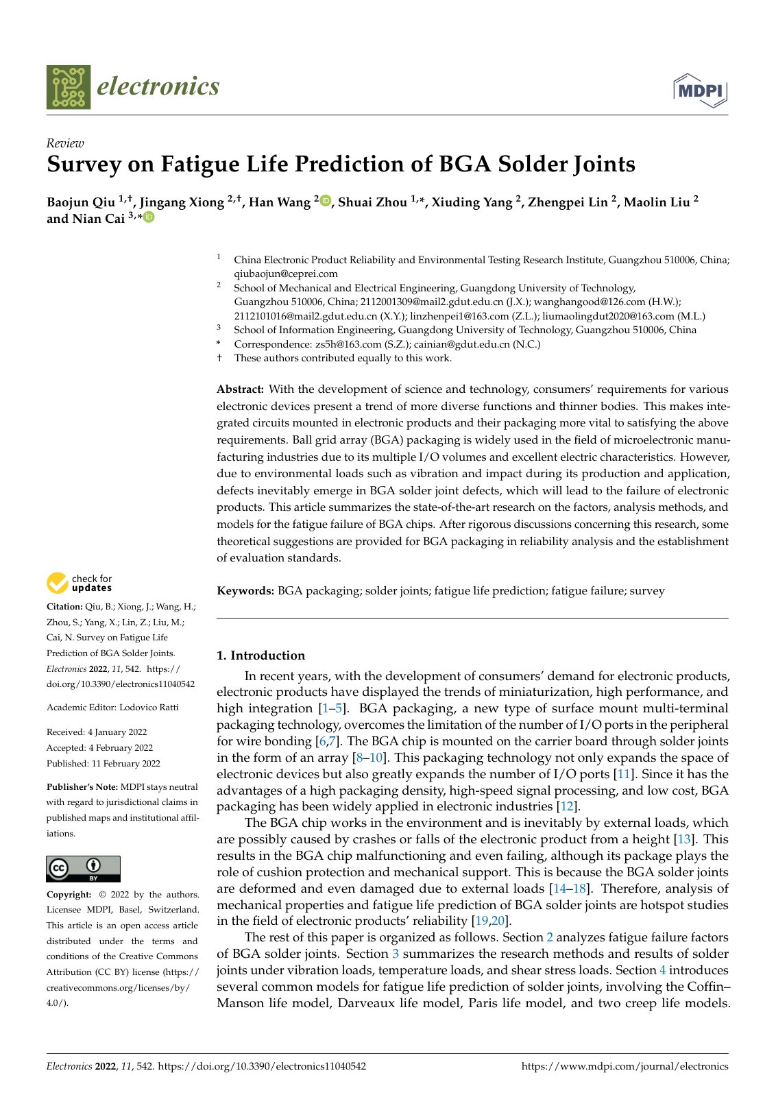 First page of Survey on Fatigue Life Prediction of BGA Solder Joints