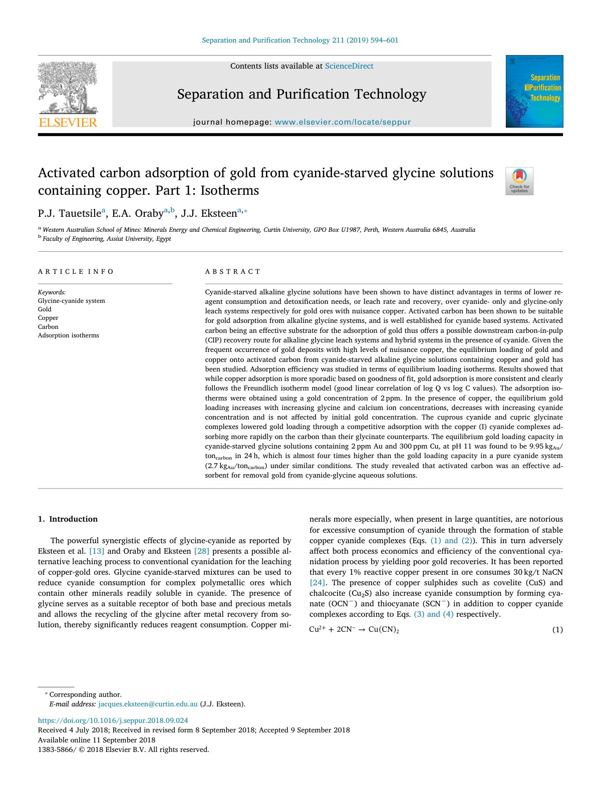 First page of Activated carbon adsorption of gold from cyanide-starved glycine solutions containing copper. Part 1: Isotherms