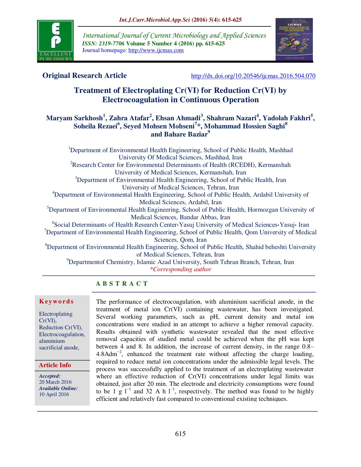 First page of Treatment of Electroplating Cr(VI) for Reduction Cr(VI) by Electrocoagulation in Continuous Operation