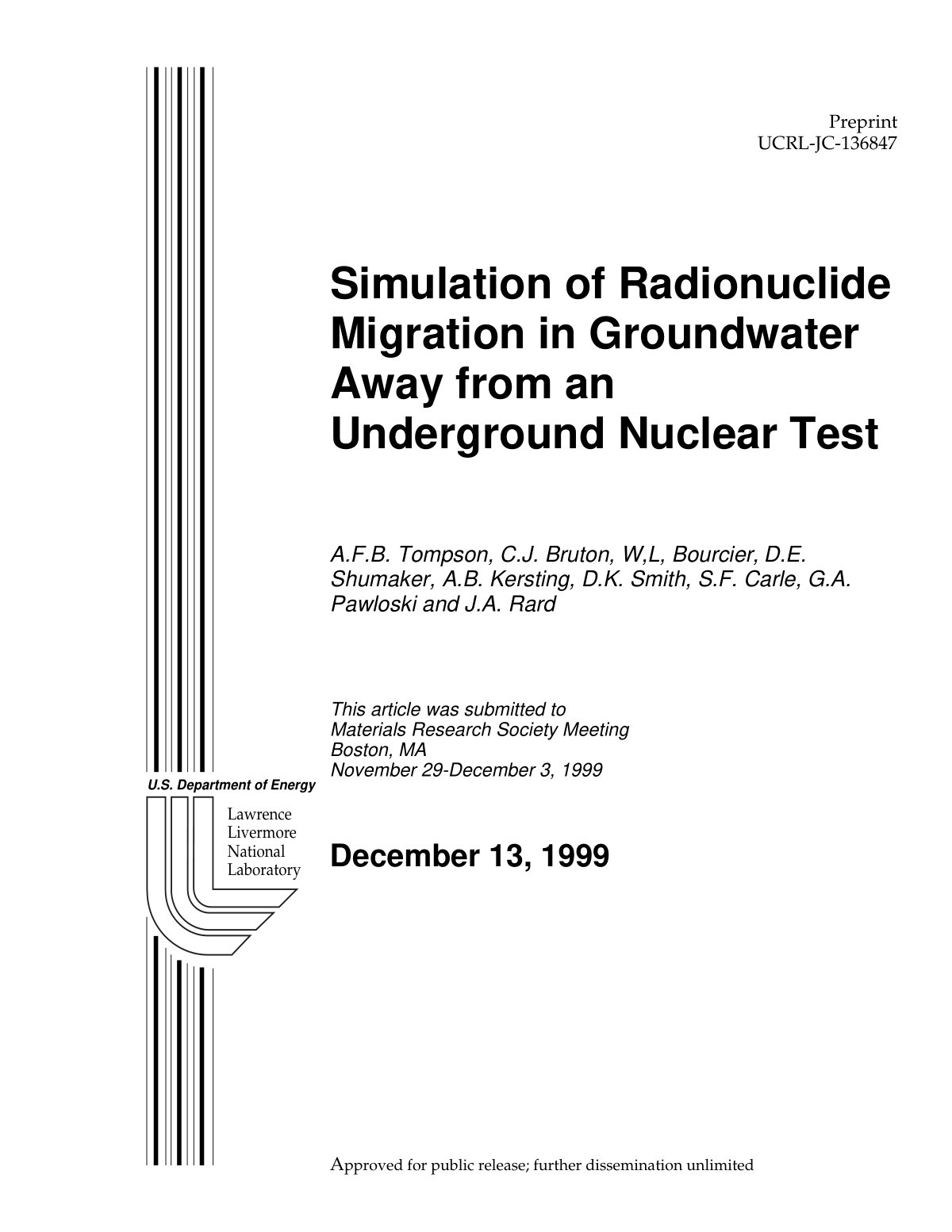 First page of Simulation of Radionuclide Migration in Groundwater Away from an Underground Nuclear Test