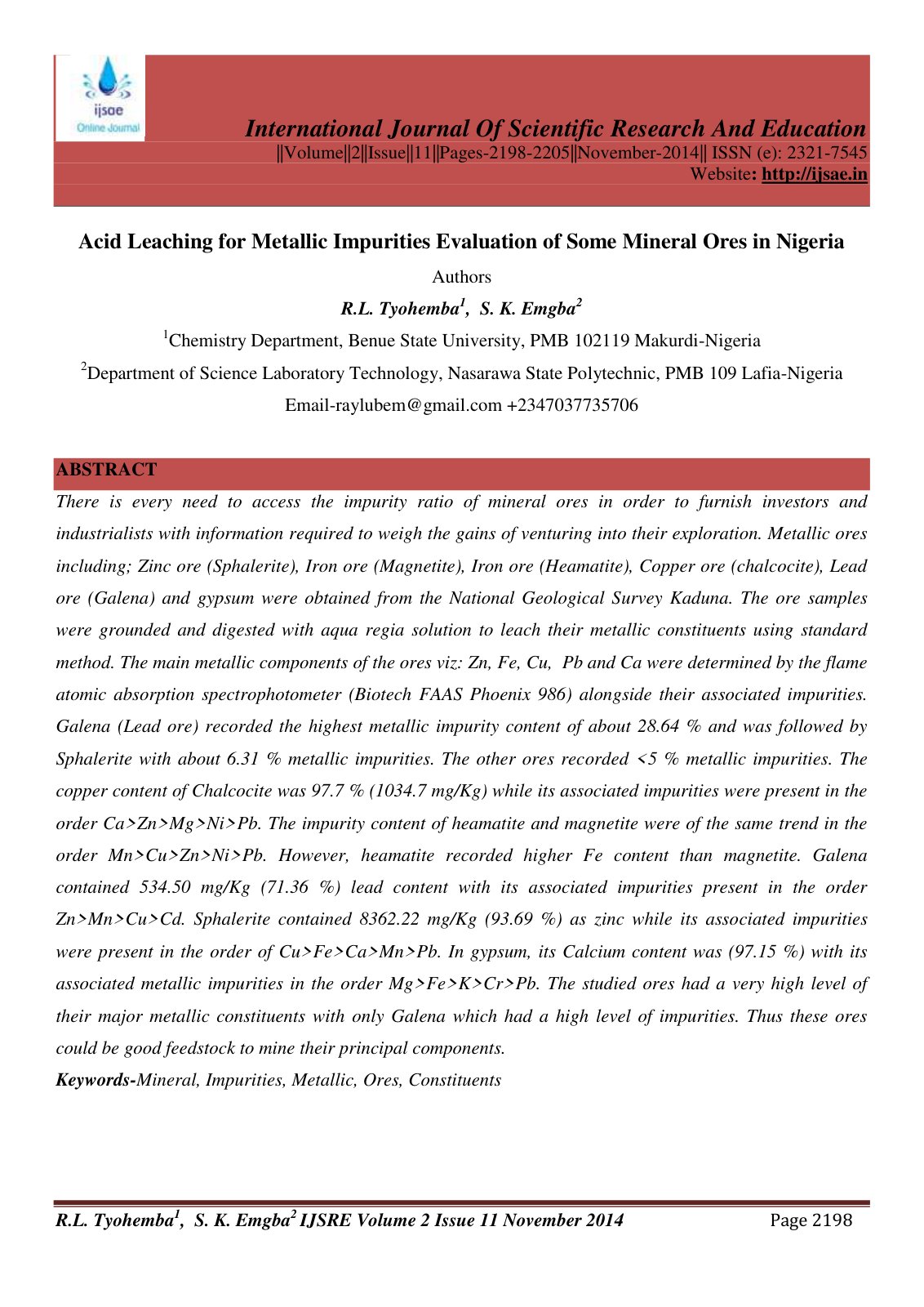 First page of Acid Leaching for Metallic Impurities Evaluation of Some Mineral Ores in Nigeria