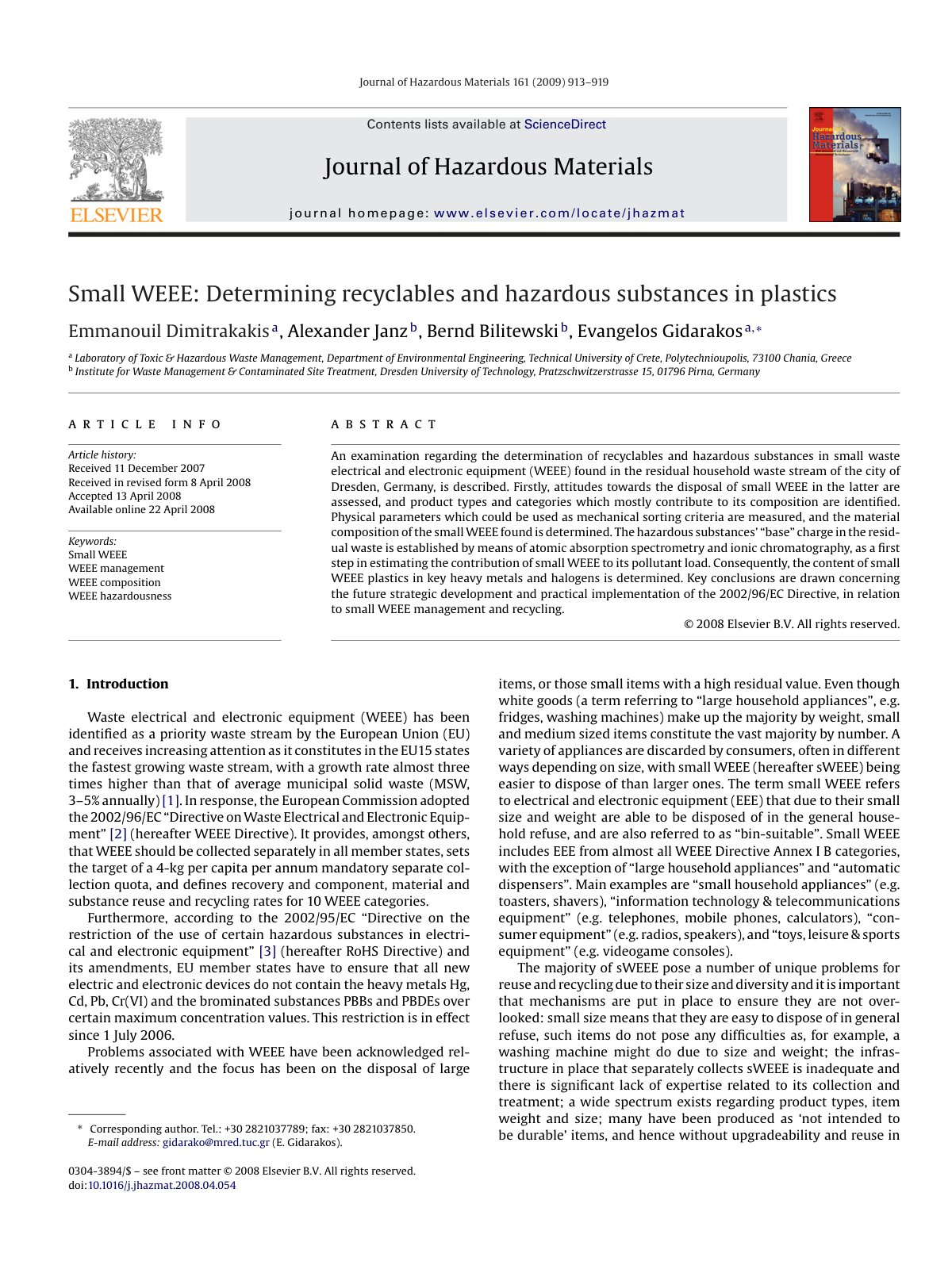 First page of Small WEEE  Determining recyclables and hazardous  2009 Journal of Hazardous