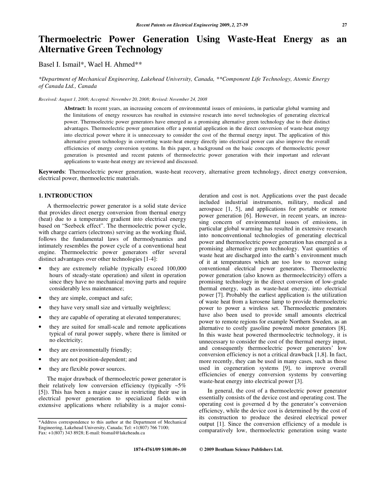 First page of Thermoelectric Power Generation Using Wa