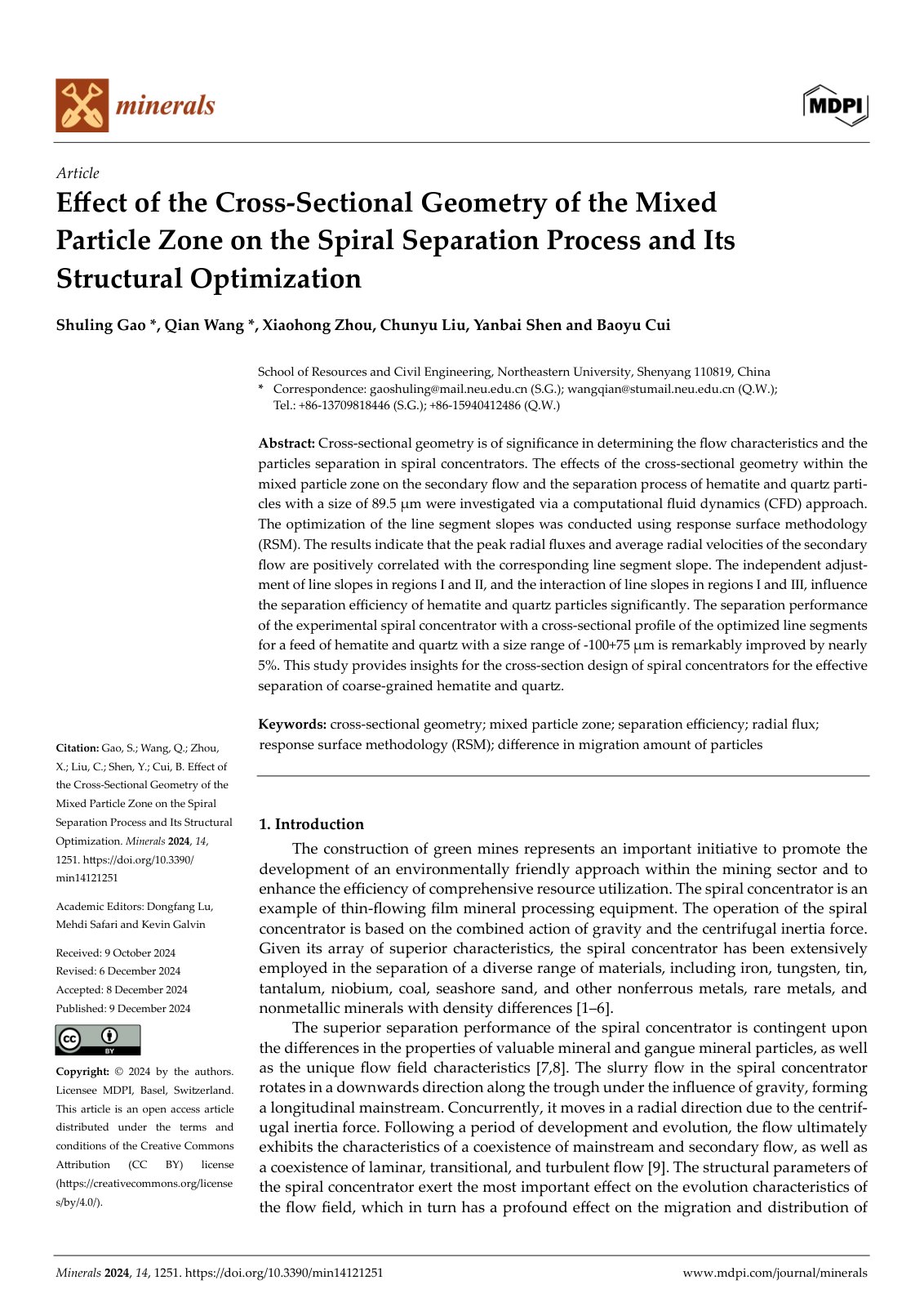 First page of Effect of the Cross-Sectional Geometry of the Mixed Particle Zone on the Spiral Separation Process and Its Structural Optimization