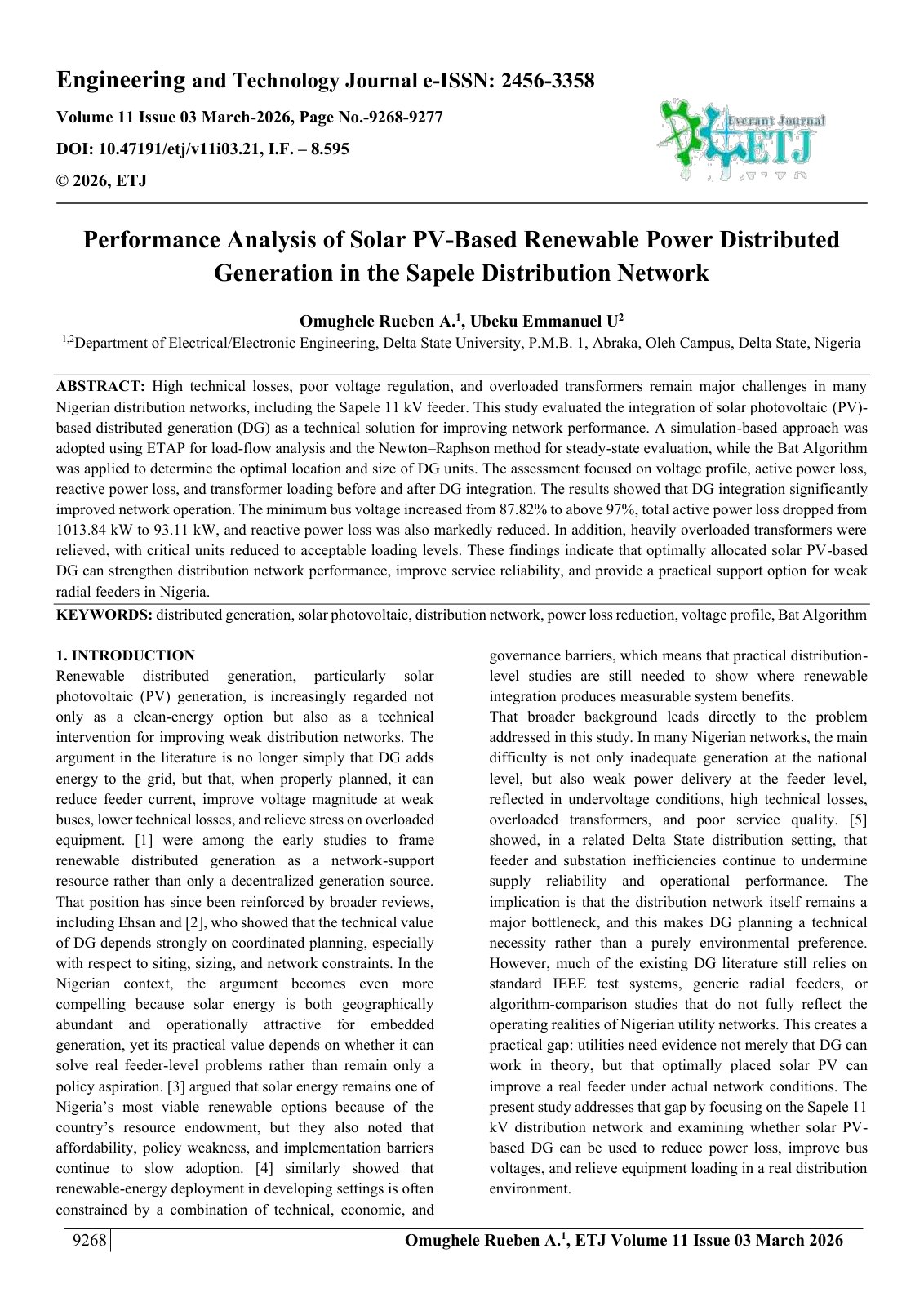 First page of Performance Analysis of Solar PV-Based Renewable Power Distributed  Generation in the Sapele Distribution Network