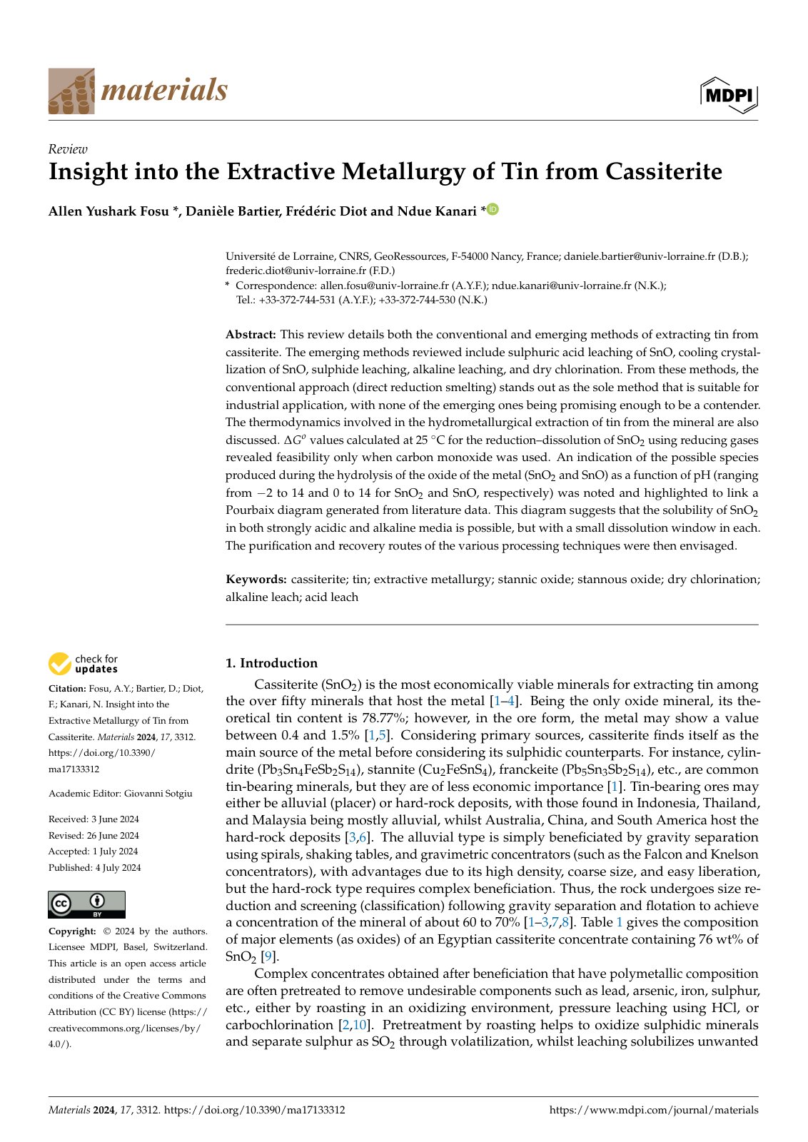 First page of Insight into the Extractive Metallurgy of Tin from Cassiterite