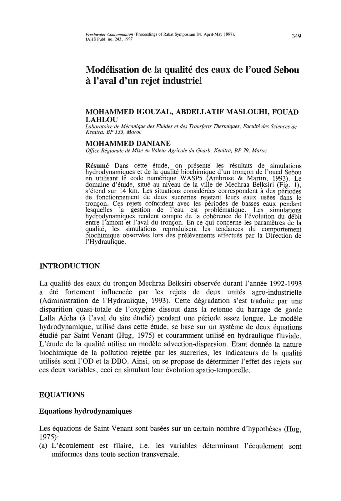 First page of Modelisation de la qualite des eaux de l