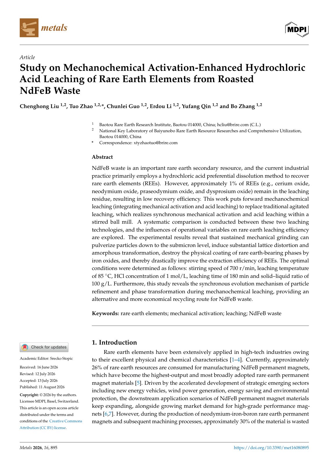 First page of 2026   Liu   Mechanochemical HCl leaching of rare earths from NdFeB waste