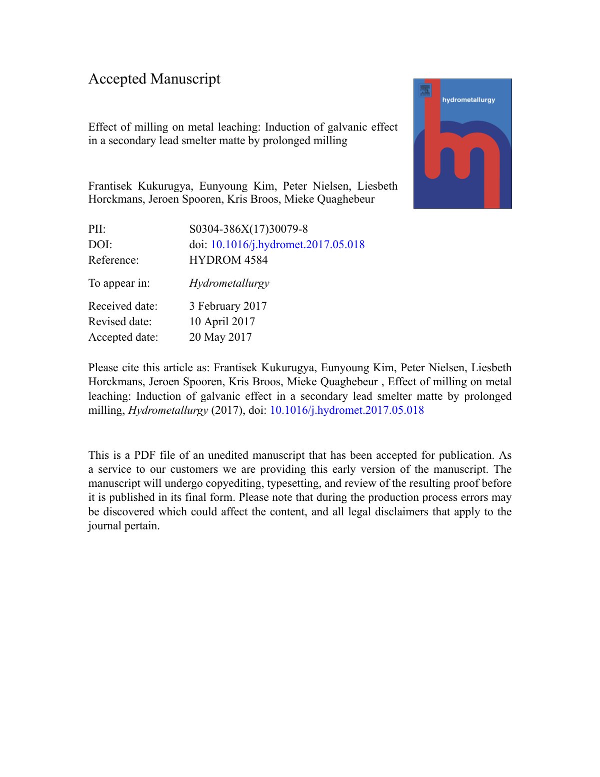 First page of Effect of milling on metal leaching Indu