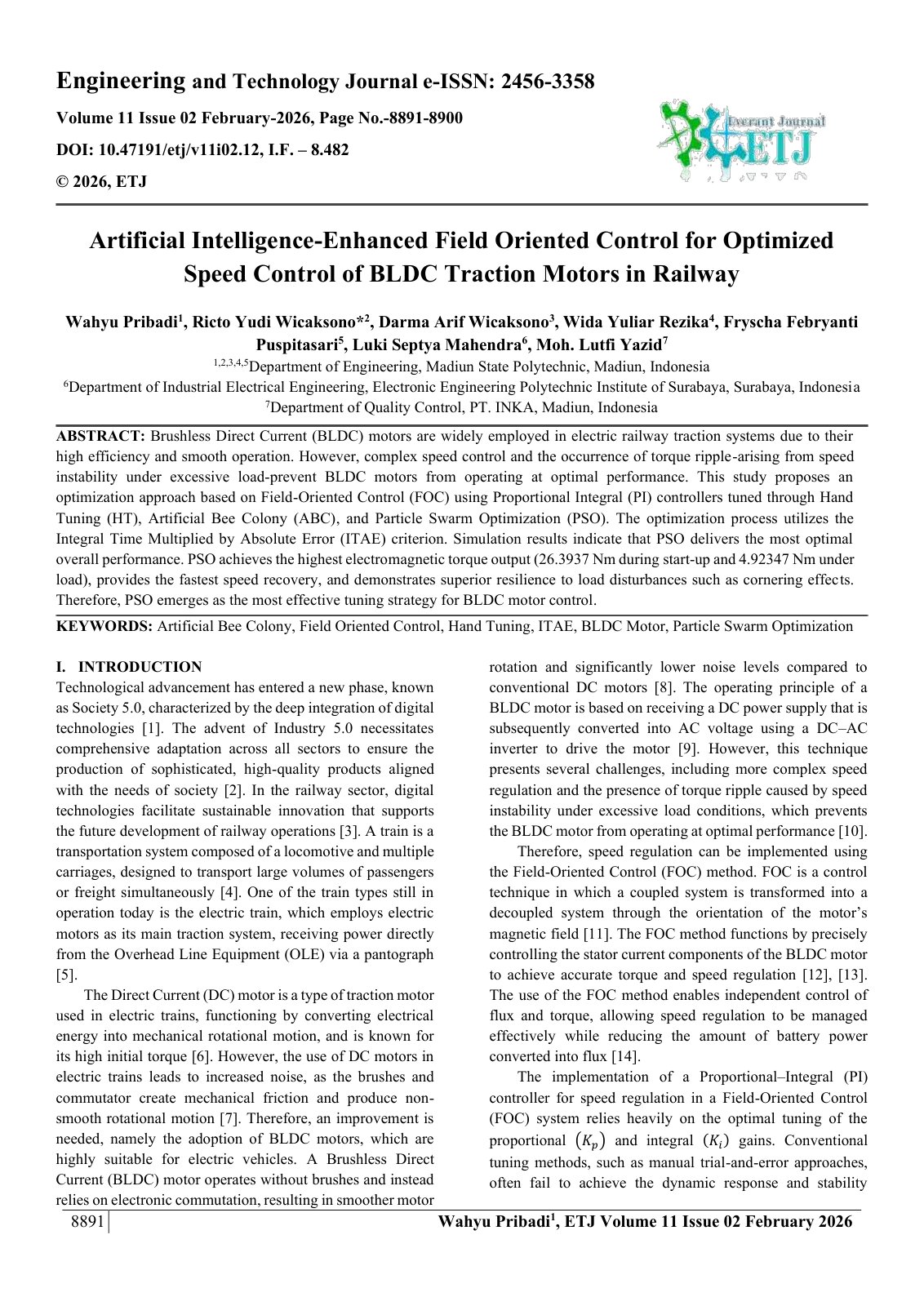 First page of Artificial Intelligence-Enhanced Field Oriented Control for Optimized  Speed Control of BLDC Traction Motors in Railway