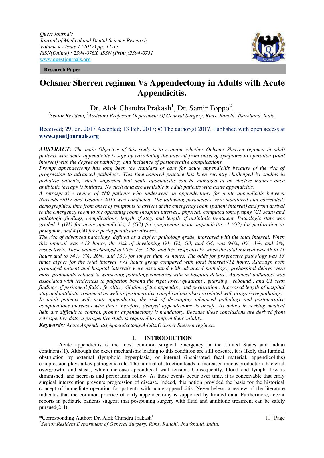 First page of Ochsner Sherren regimen Vs Appendectomy