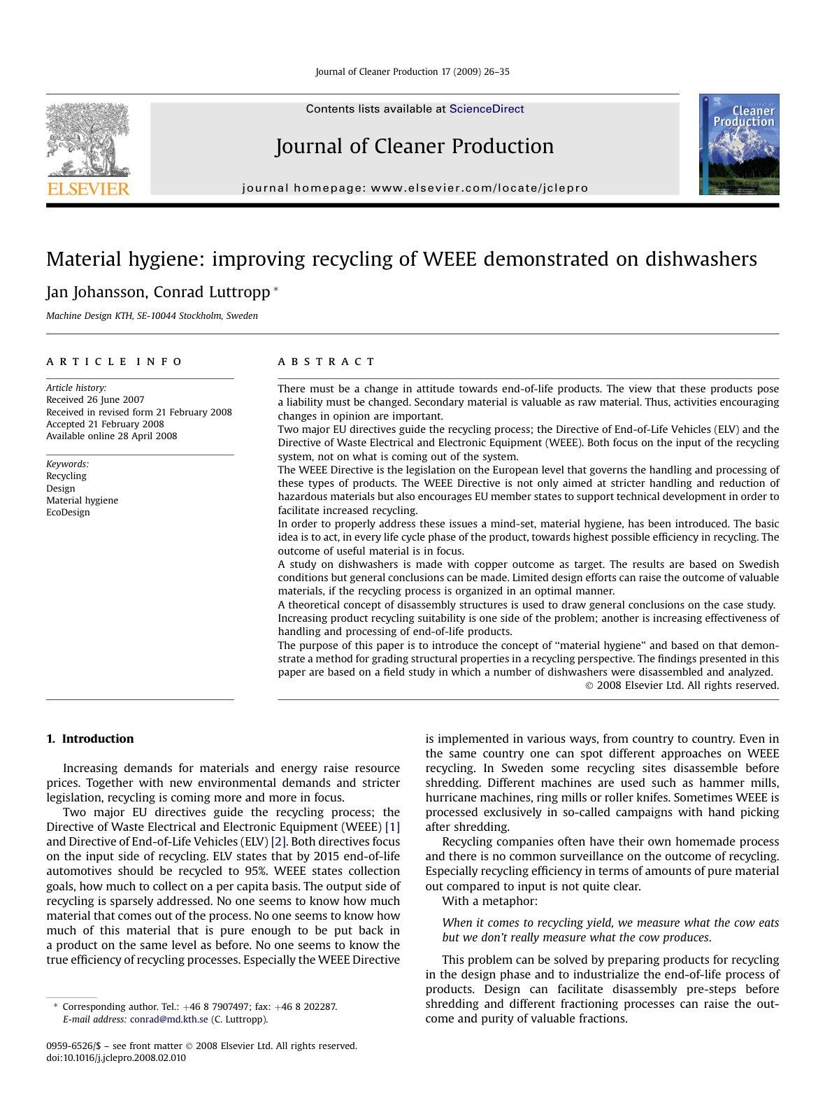 First page of Material hygiene  improving recycling of WEEE demon 2009 Journal of Cleaner 