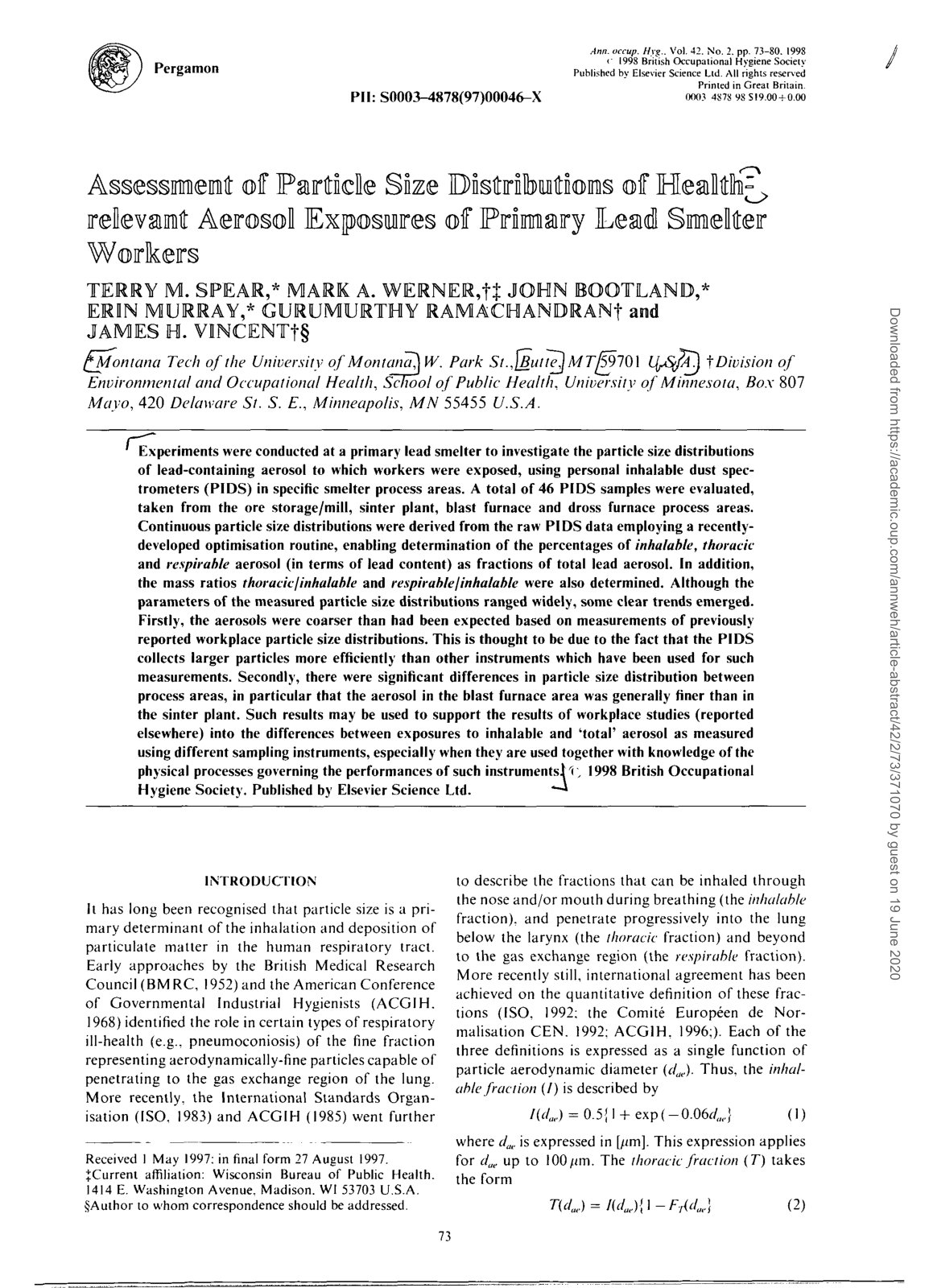 First page of Assessmmerait of Partk k Siz e Dnsltrilbiuiltnoinis ^ reflevaimt Aeroso l Exposure s o f Primar y Lea d Smrneltteir Worker s