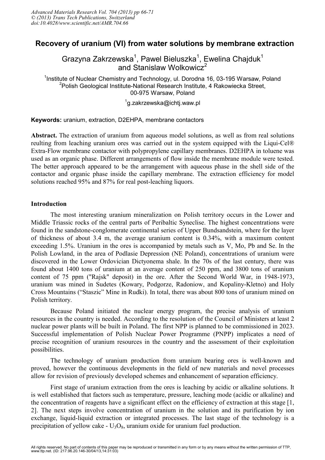 First page of Recovery of uranium (VI) from water solutions by membrane extraction