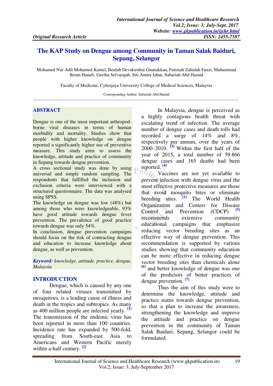 First page of The KAP Study on Dengue among Community in Taman Salak Baiduri, Sepang, Selangor