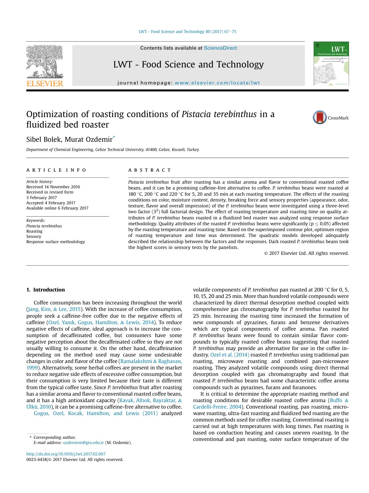 First page of Optimization of roasting conditions of Pistacia terebinthus in a fluidized bed roaster