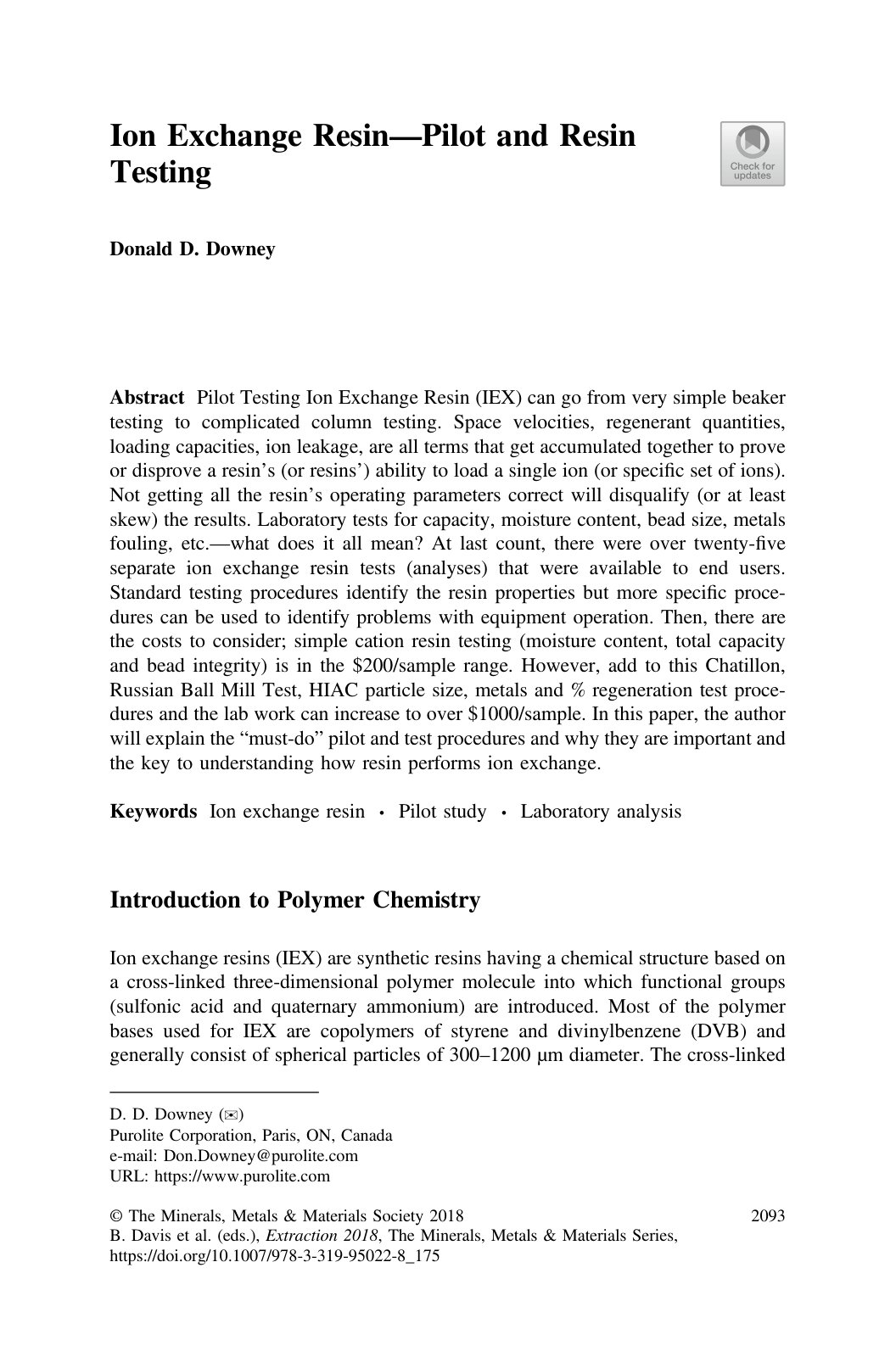 First page of Ion Exchange Resin —Pilot and Resin Testing