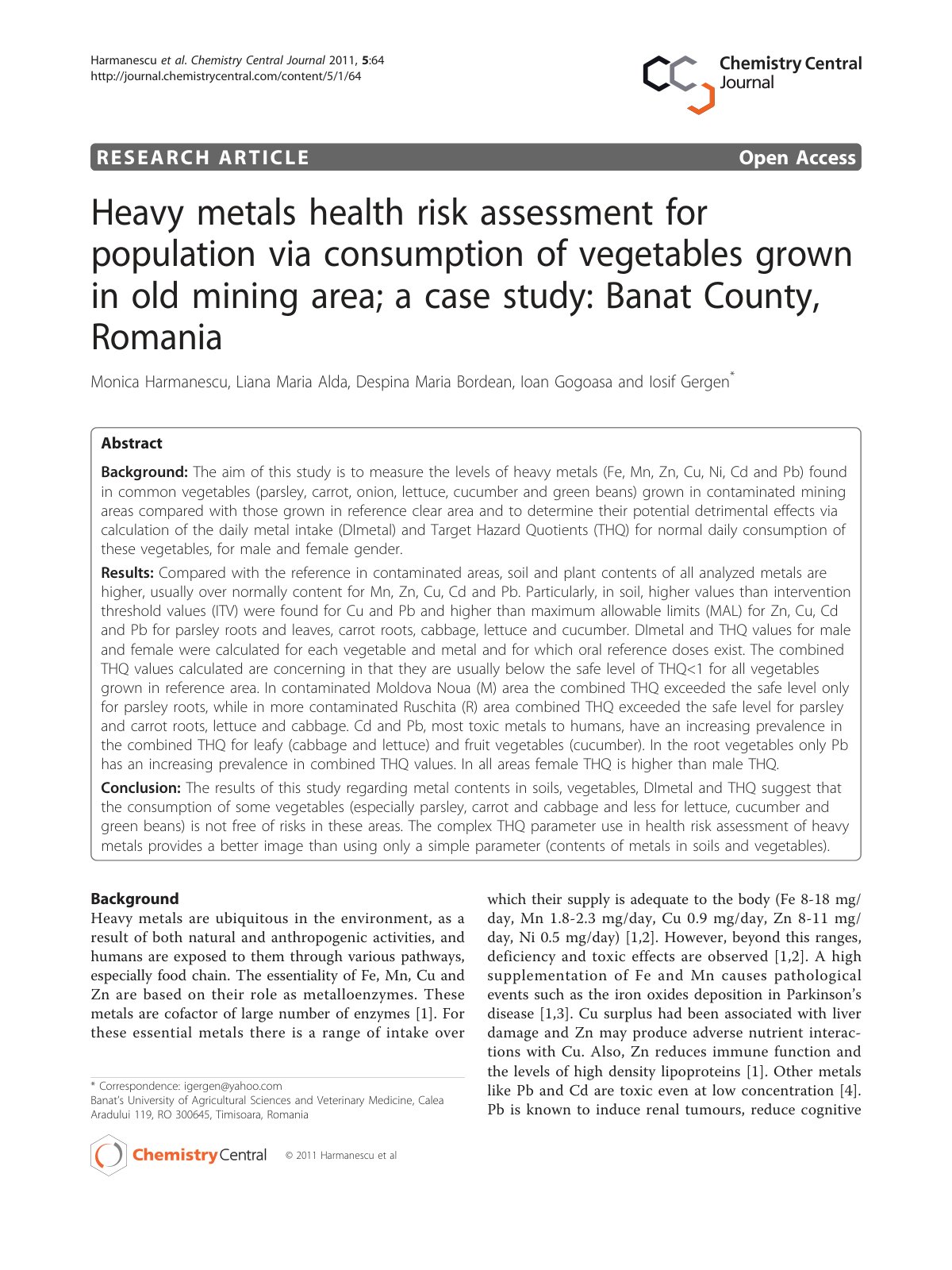 First page of Heavy metals health risk assessment for population via consumption of vegetables grown in old mining area; a case study: Banat County, Romania