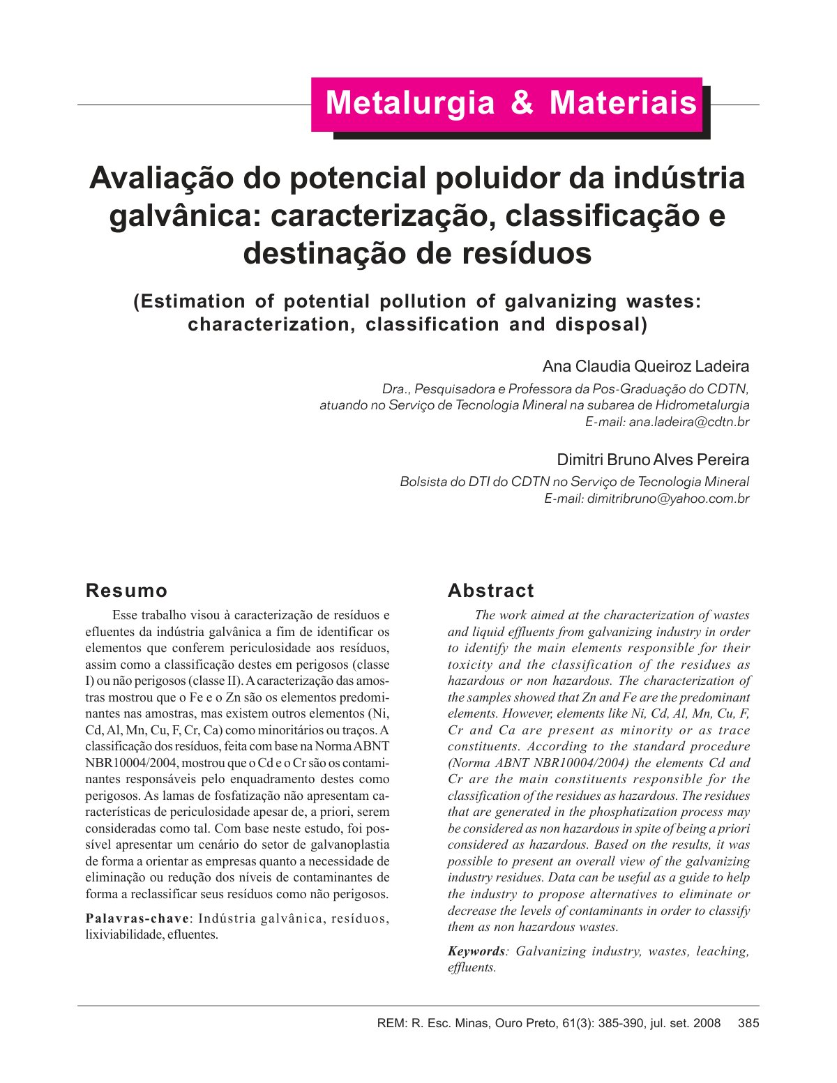 First page of Estimation of potential pollution of gal