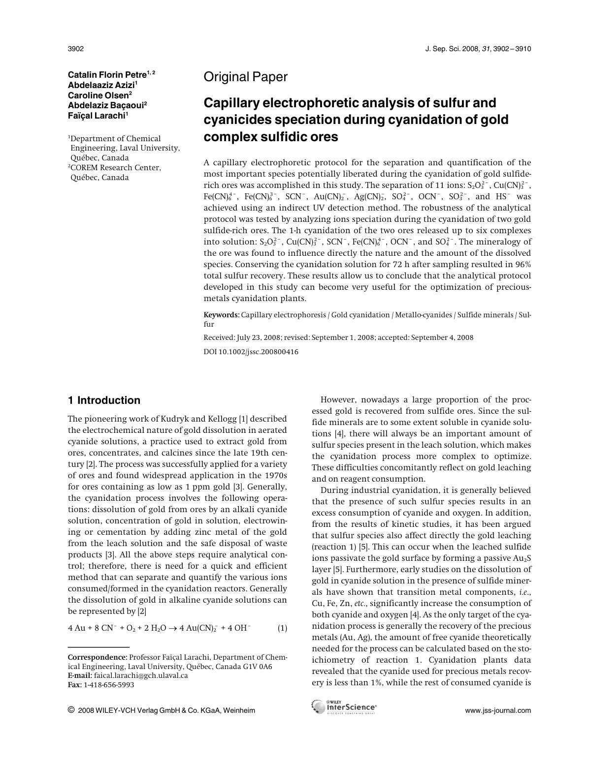 First page of Capillary electrophoretic analysis of sulfur and cyanicides speciation during cyanidation of gold complex sulfidic ores