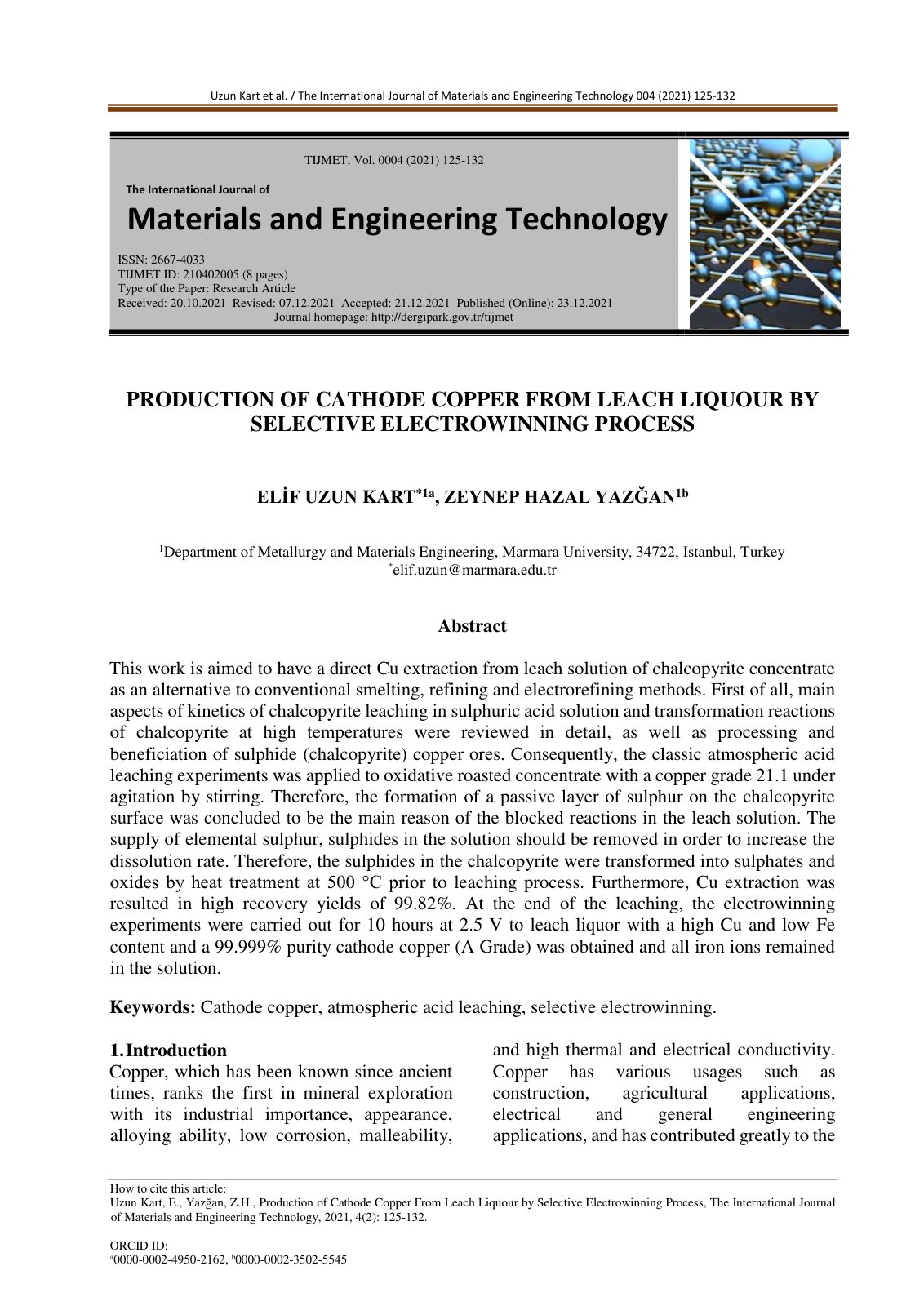 First page of Production of Cathode Copper from Leach
