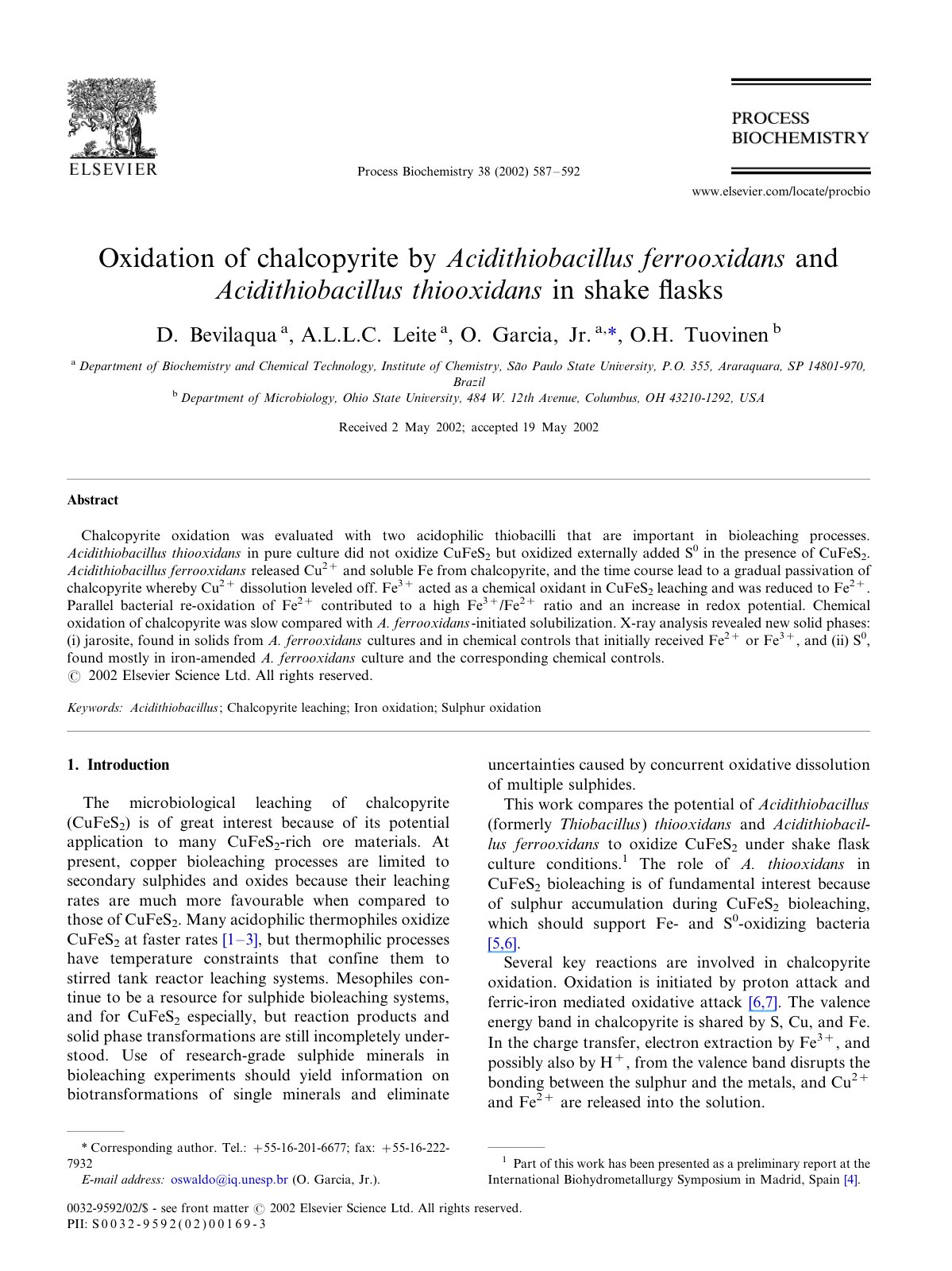 First page of Oxidation of chalcopyrite by Acidithioba