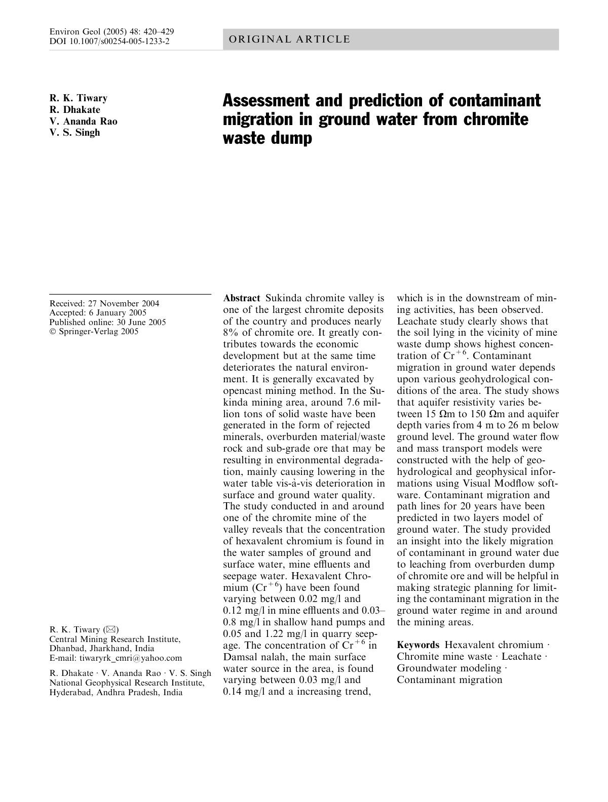 First page of Assessment and prediction of contaminant migration in ground water from chromite waste dump