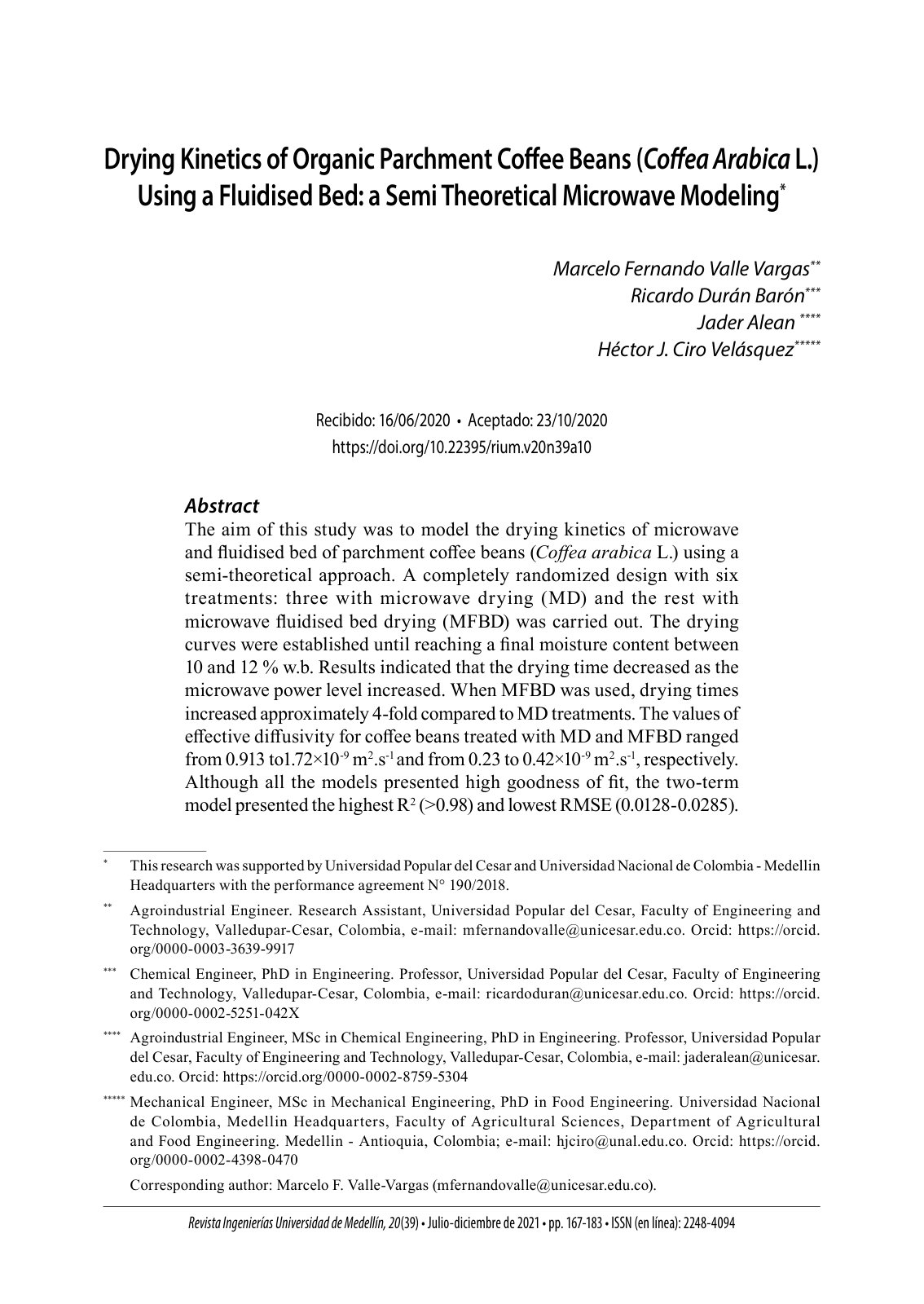 First page of Drying Kinetics of Organic Parchment Coffee Beans (Coffea Arabica L.) Using a Fluidised Bed