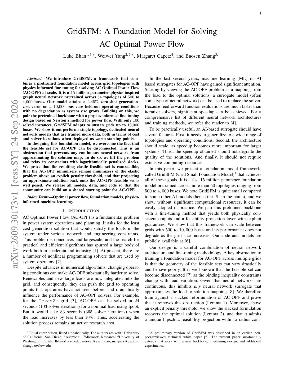 First page of GridSFM: A Foundation Model for Solving AC Optimal Power Flow