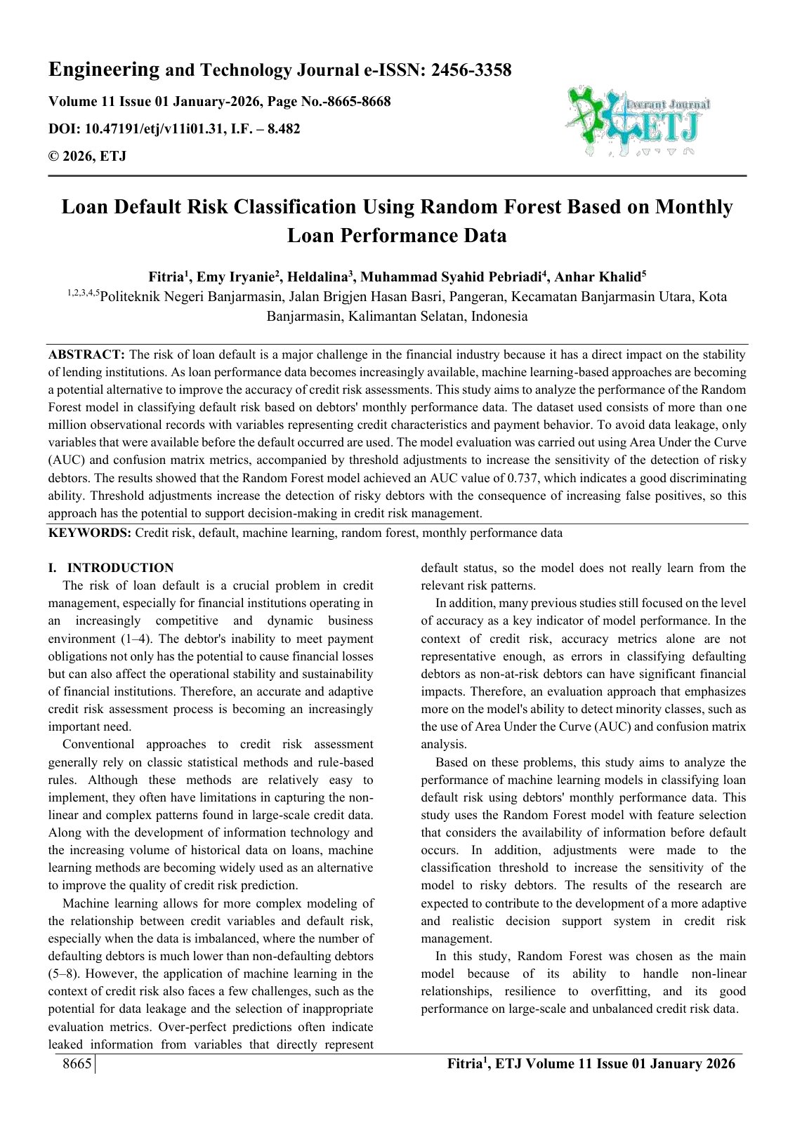 First page of Loan Default Risk Classification Using Random Forest Based on Monthly  Loan Performance Data  