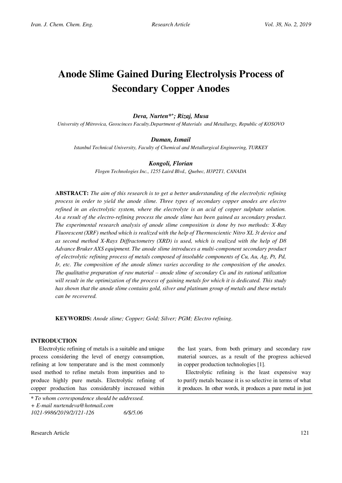 First page of Anode Slime Gained During Electrolysis P