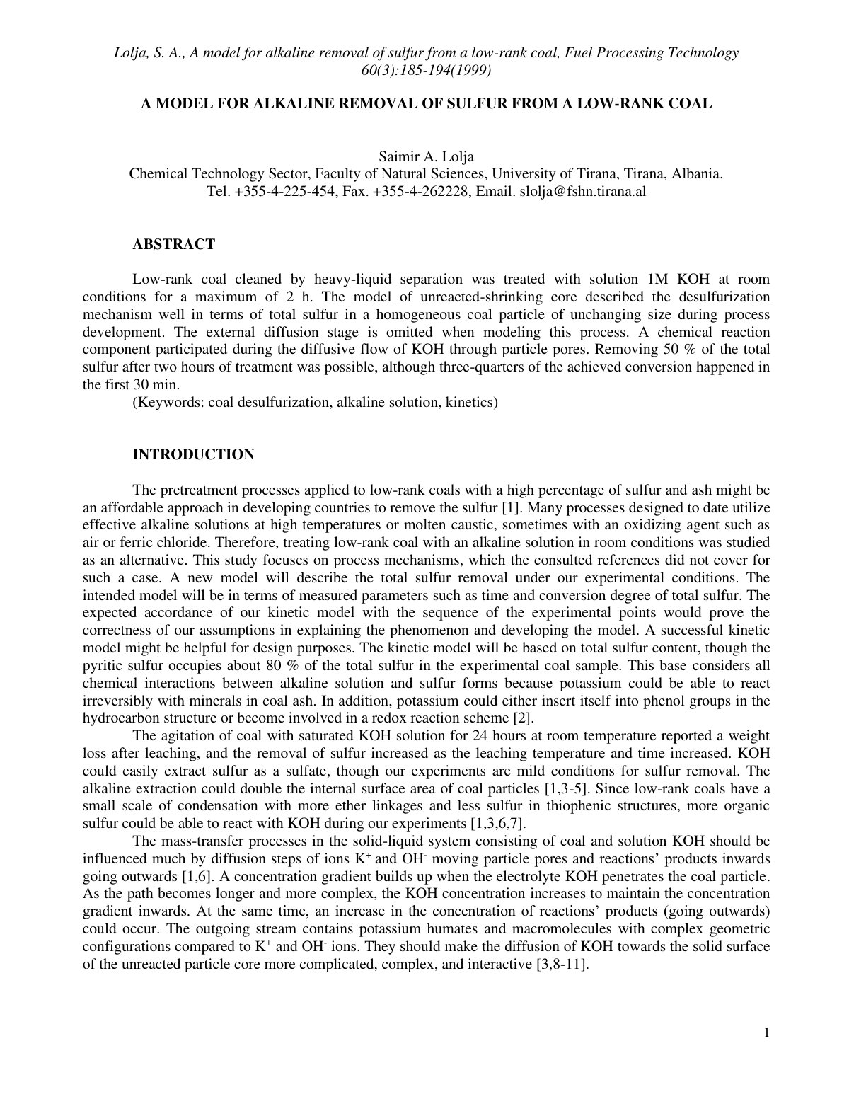 First page of A model for alkaline removal of sulfur f