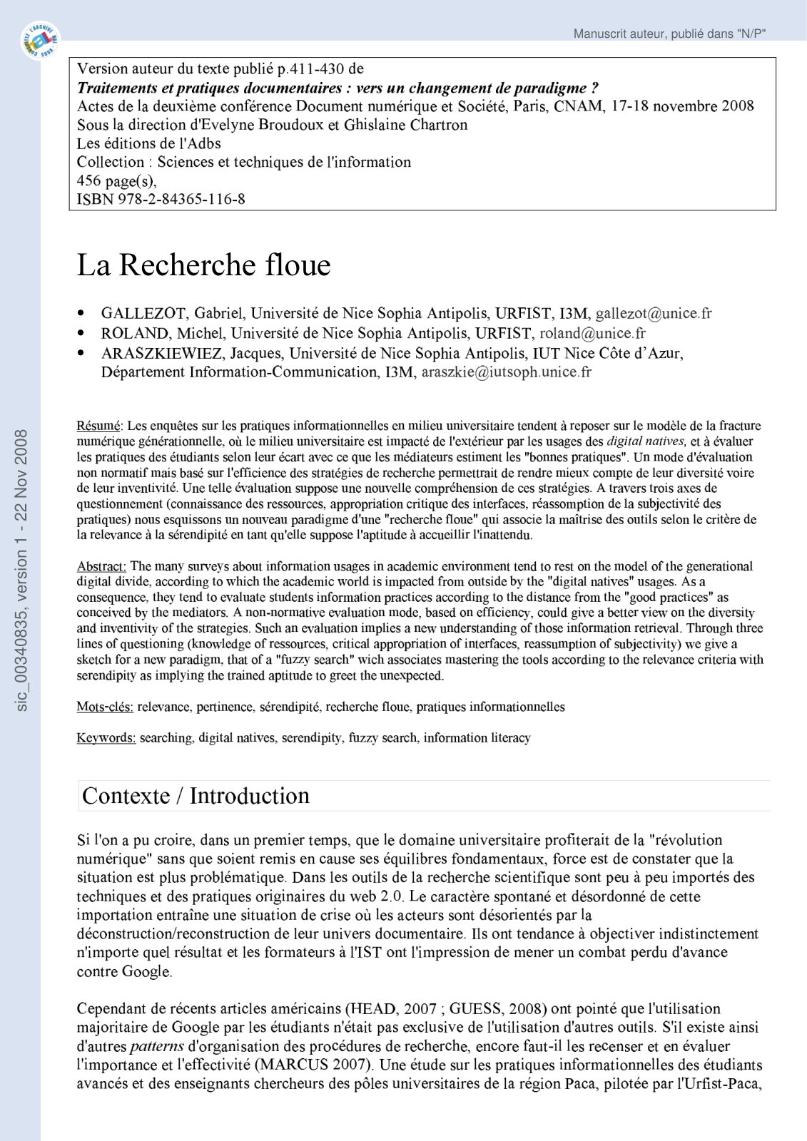 First page of sic_00340835, version 1 - 22 Nov 2008