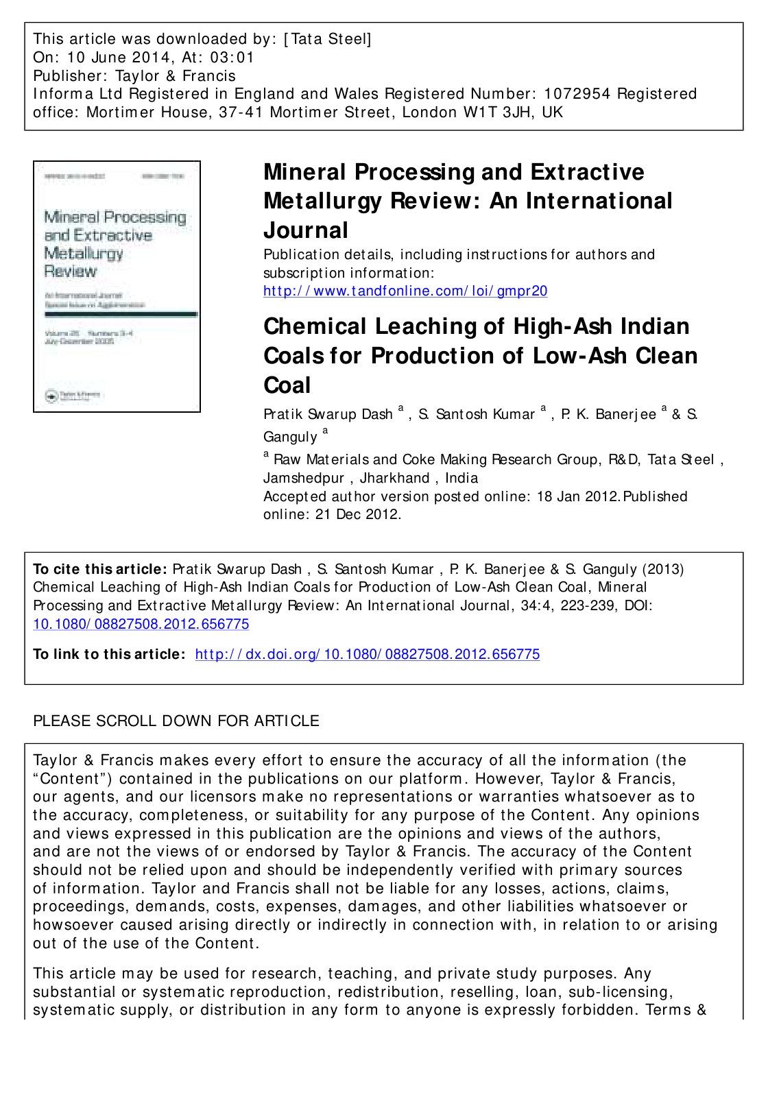 First page of Chemical Leaching of High Ash Indian Coa