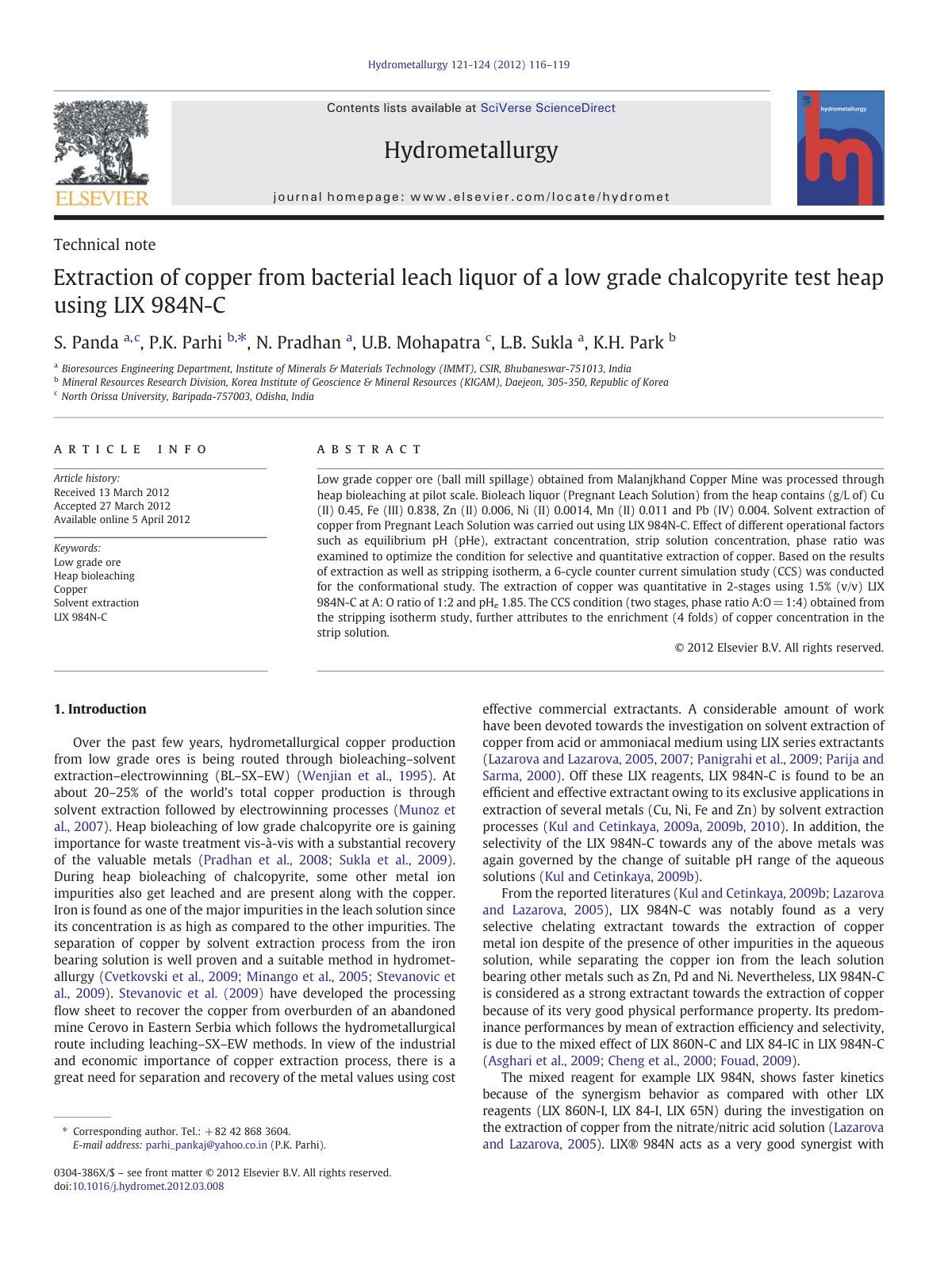First page of Extraction of copper from bacterial leach liquor of a low grade chalcopyrite test heap using LIX 984N-C